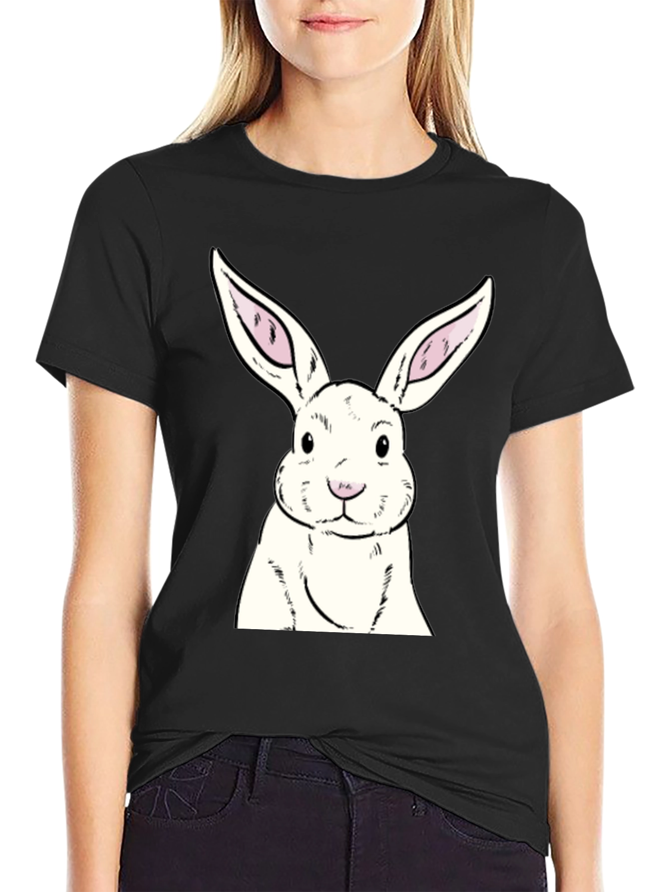 Black Bunny Graphic Tee - Soft Black Cotton Rabbit Print Shirt view 2