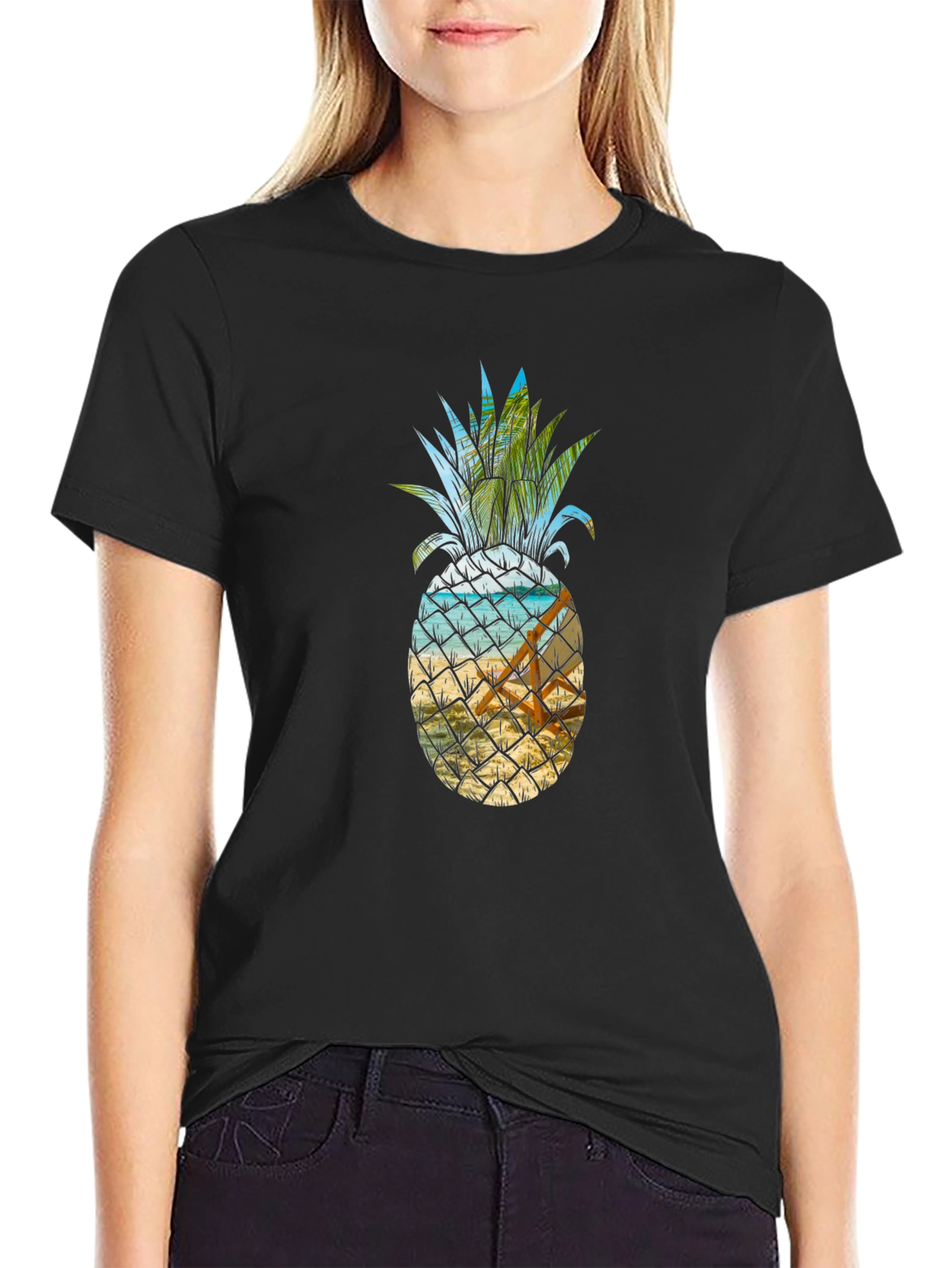 Black Tropical Pineapple Beach T-Shirt view 2