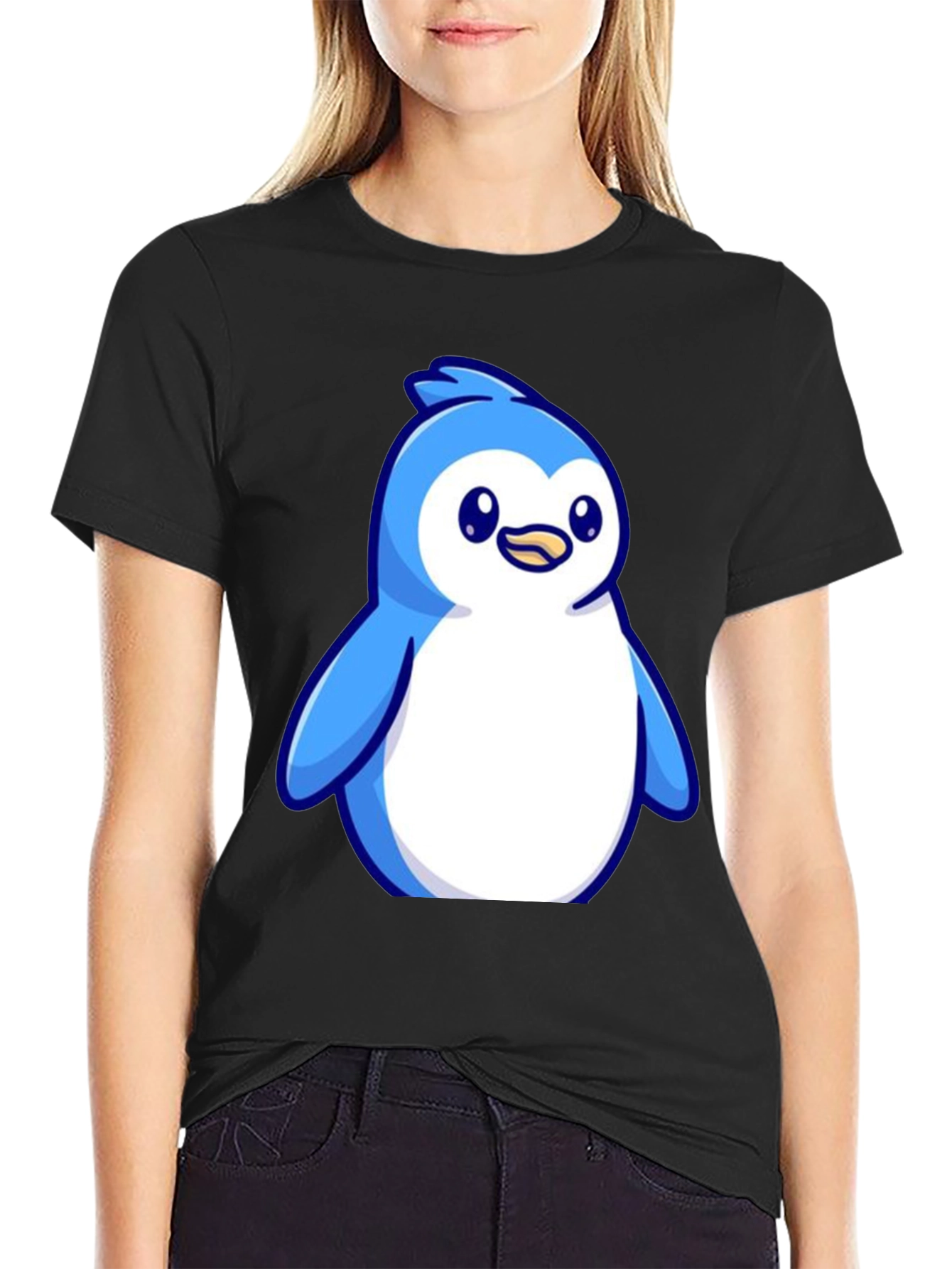 Black Cute Penguin Graphic Tee - Soft Cotton Blend view 2