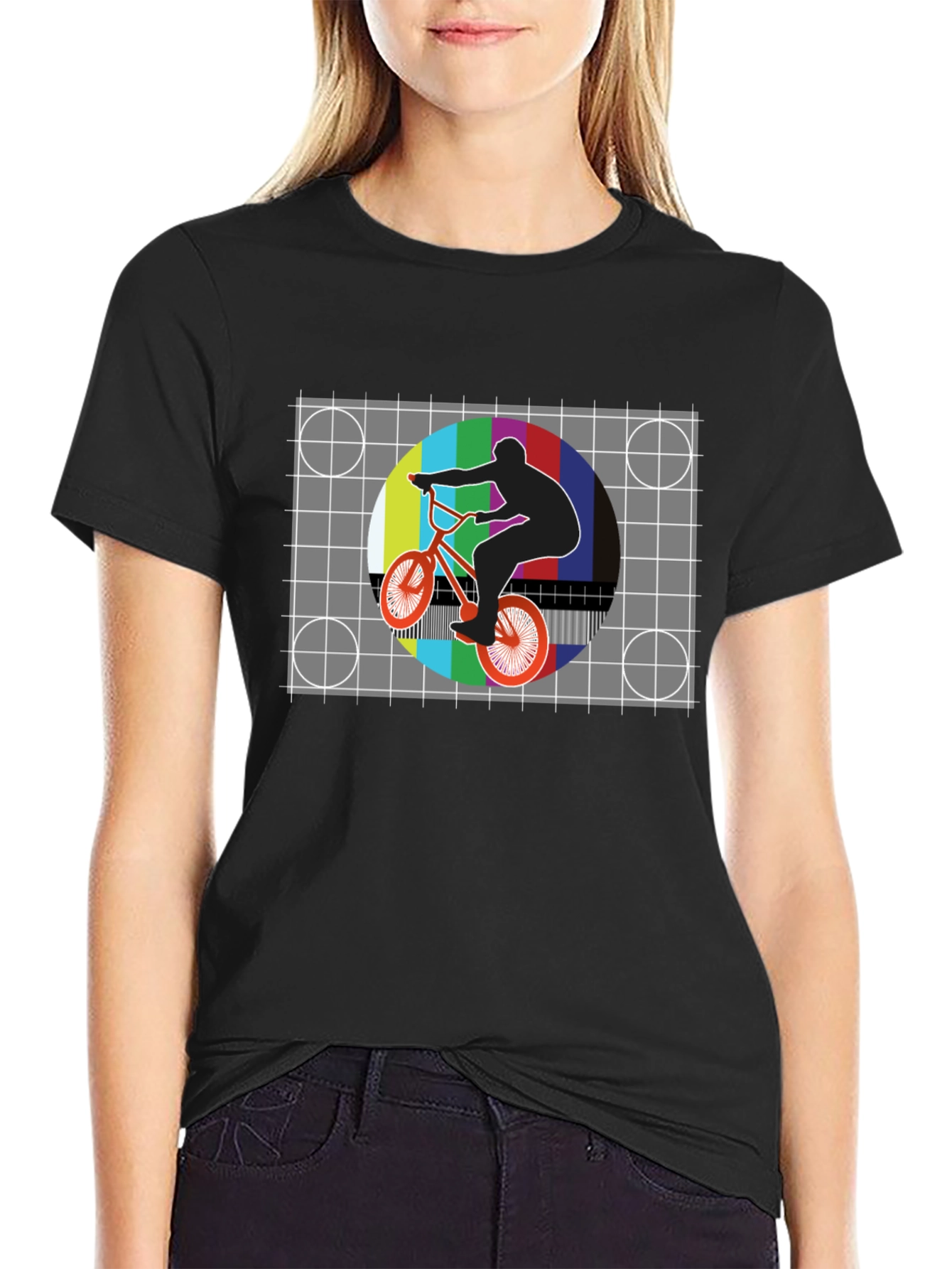 Black Retro BMX Rider Tee - Vintage Test Pattern Graphic view 2