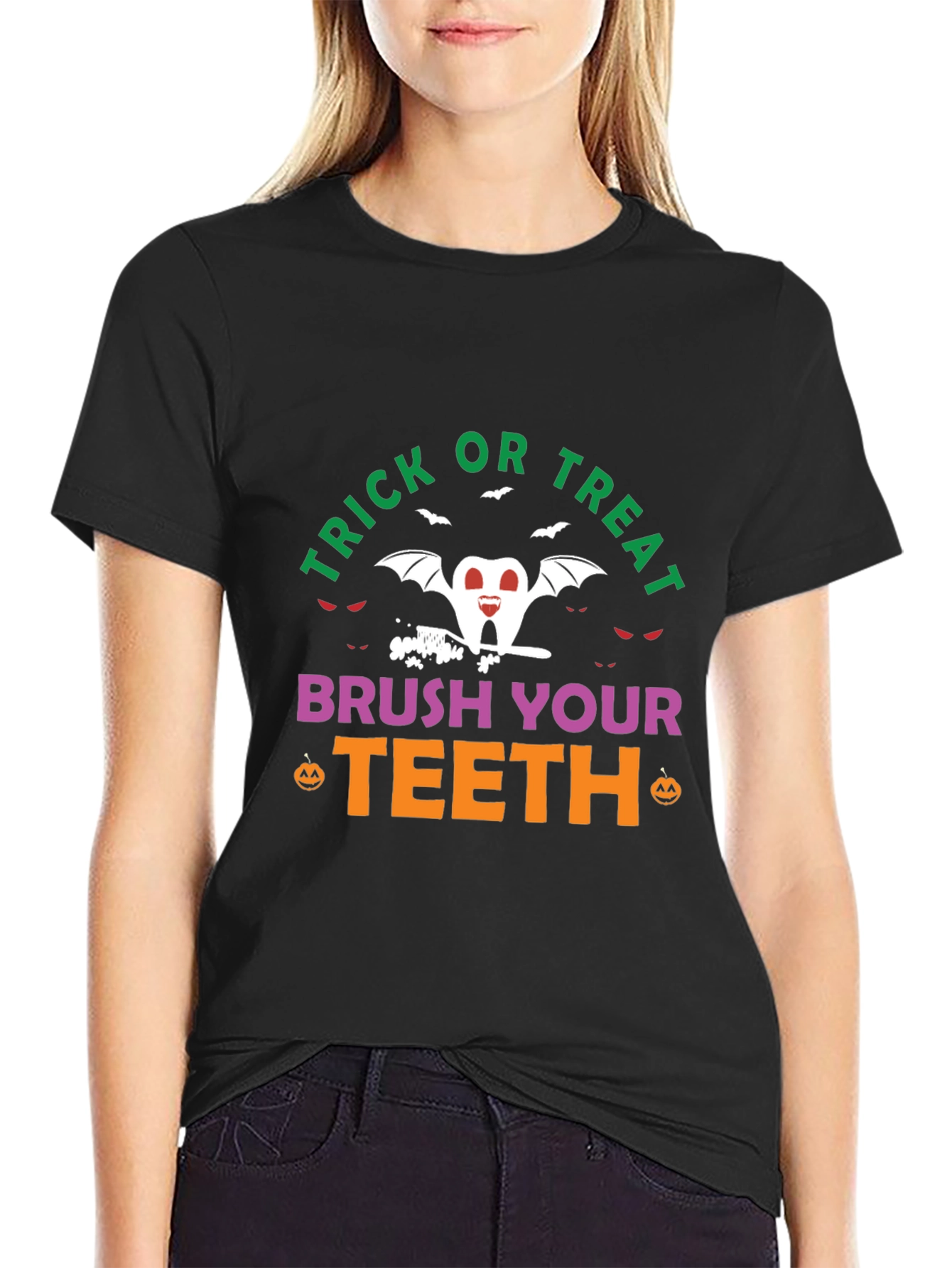 Black Trick or Treat Brush Your Teeth Halloween T-Shirt view 2