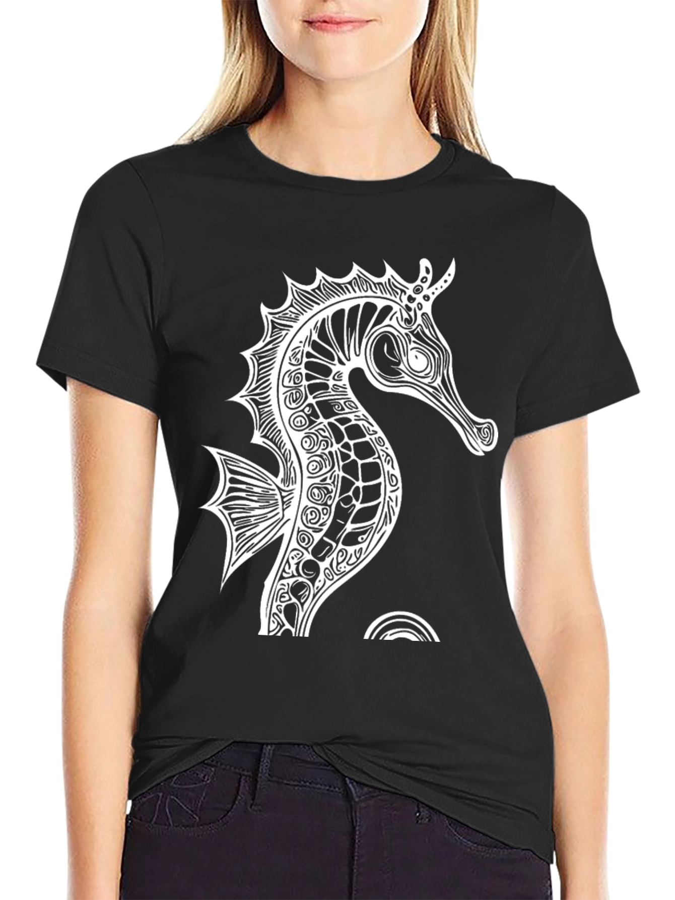 Black Seahorse Graphic Black T-Shirt - Unique Ocean Design view 2