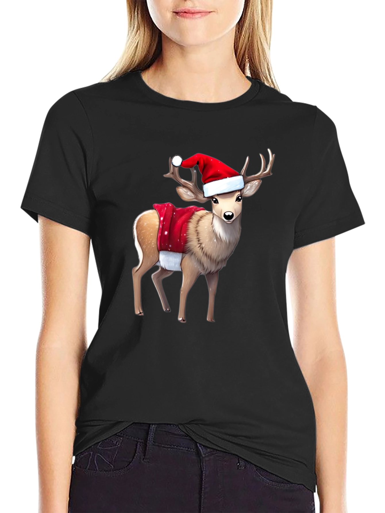 Black Festive Reindeer Graphic Tee - Holiday Style view 2