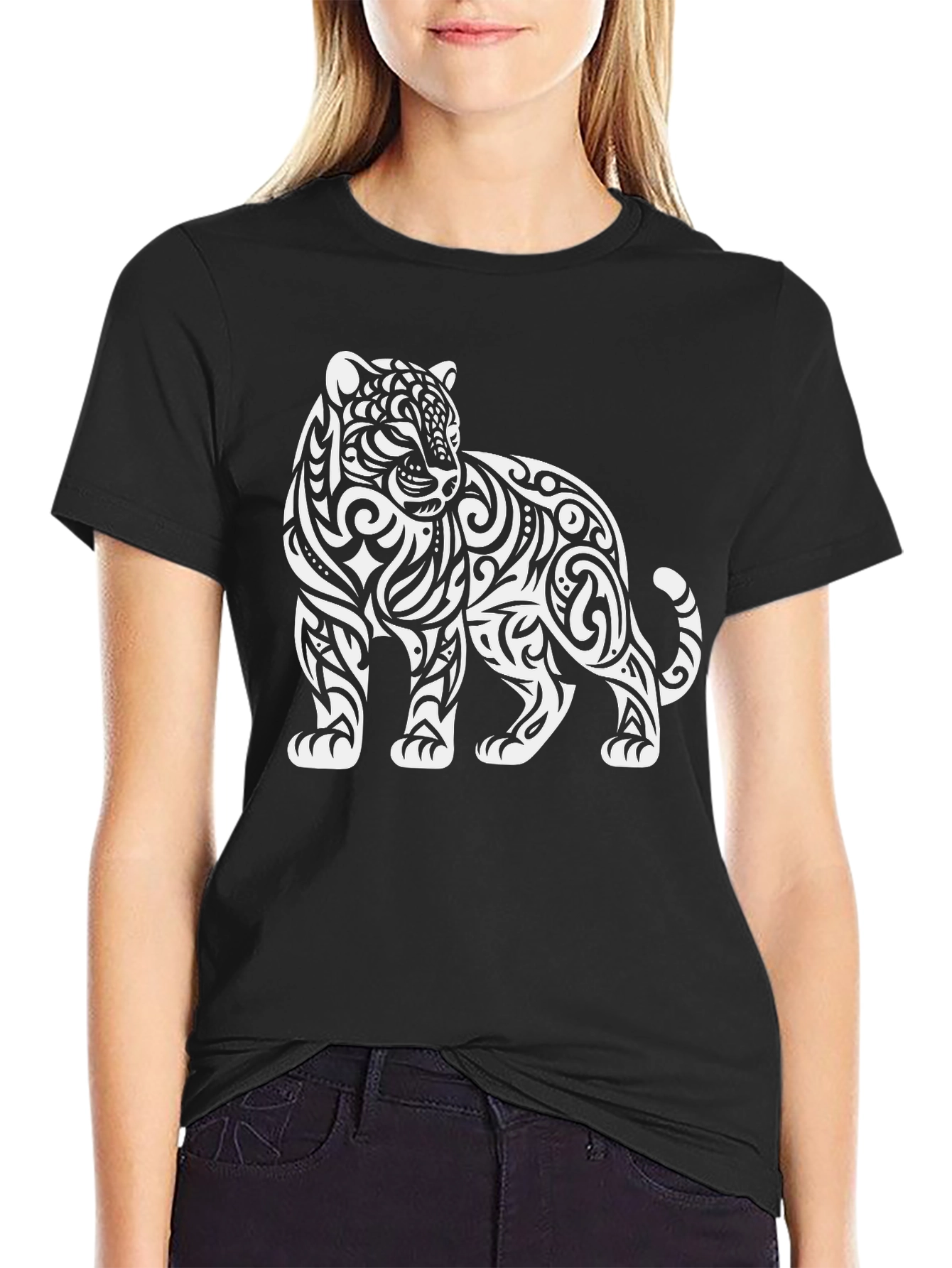 Black Tribal Tiger Graphic Tee - Stylish Black Cotton T-Shirt view 2