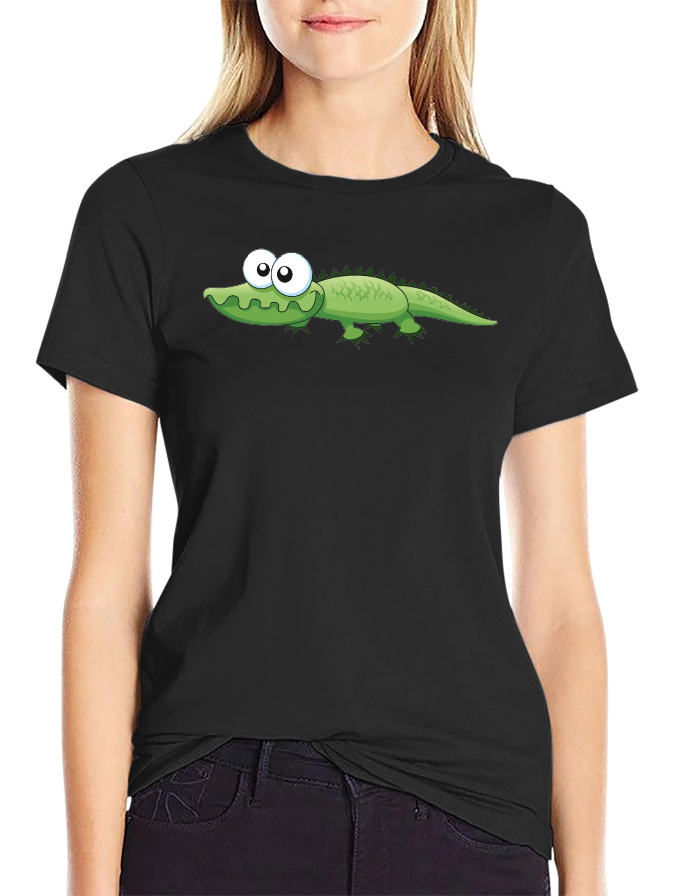 Black Cartoon Alligator Graphic T-Shirt - Black view 2