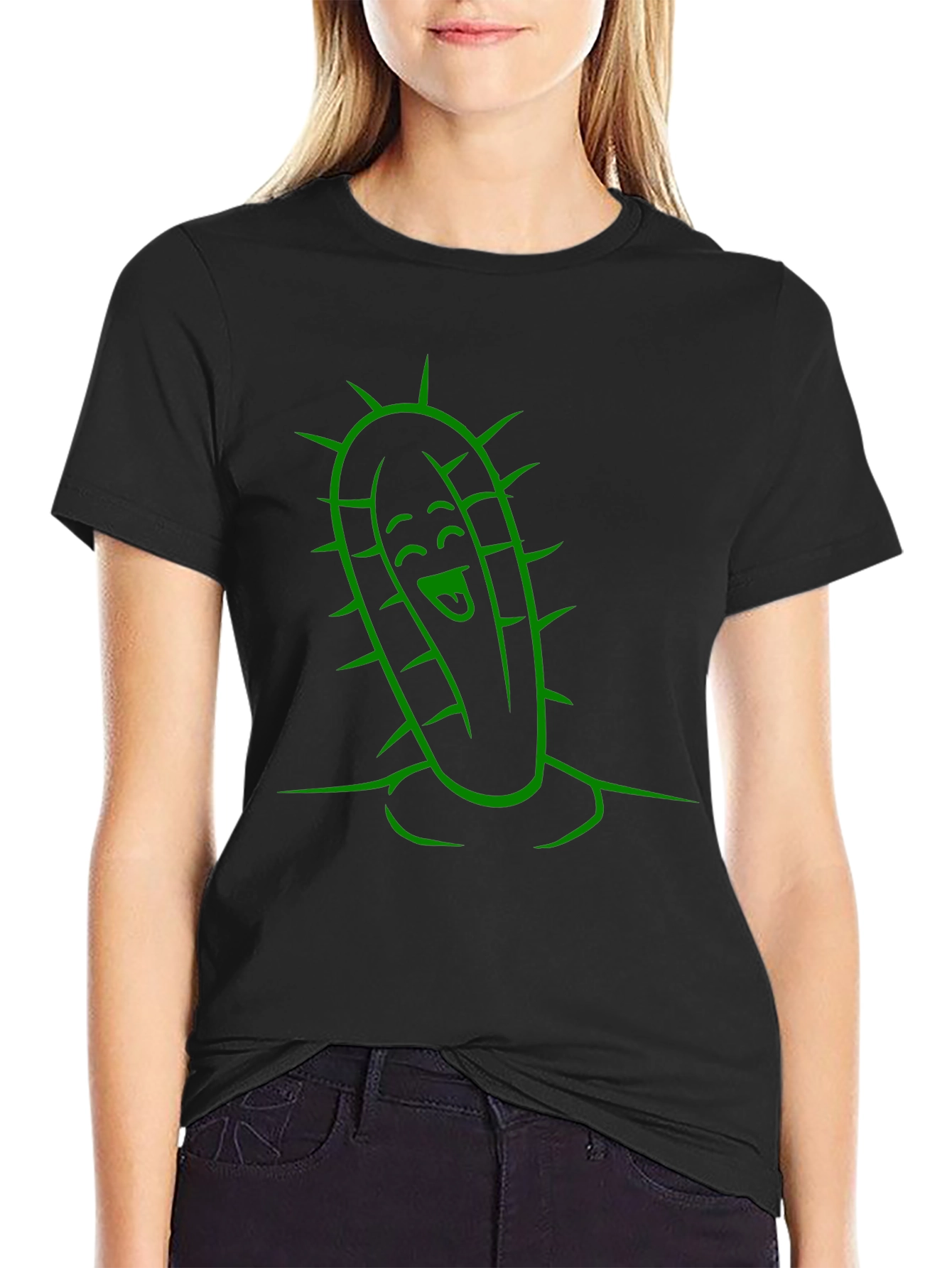 Black Cactus Character Graphic Tee - Fun Black T-Shirt view 2