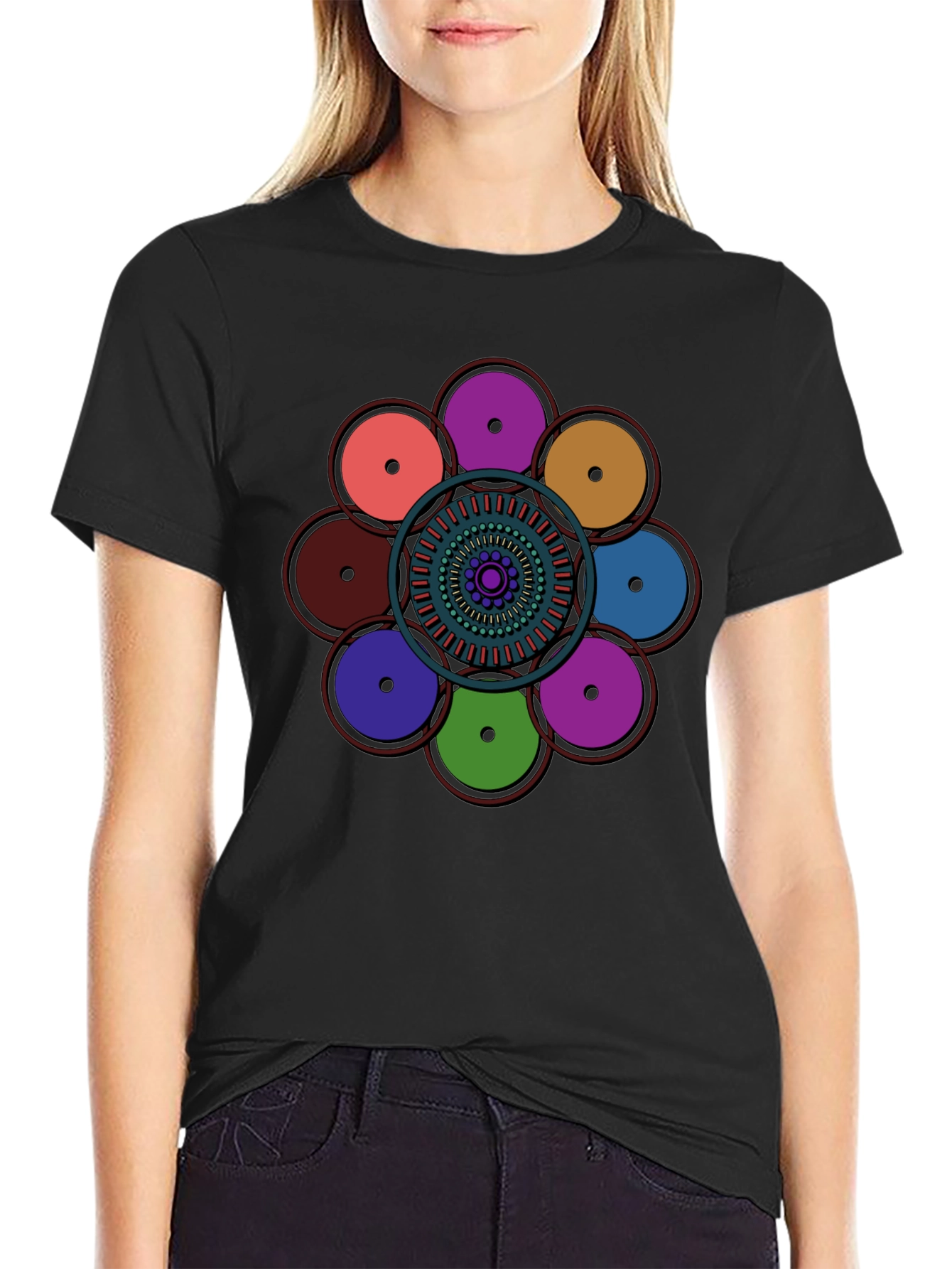 Black Geometric Circle Design Black T-Shirt view 2