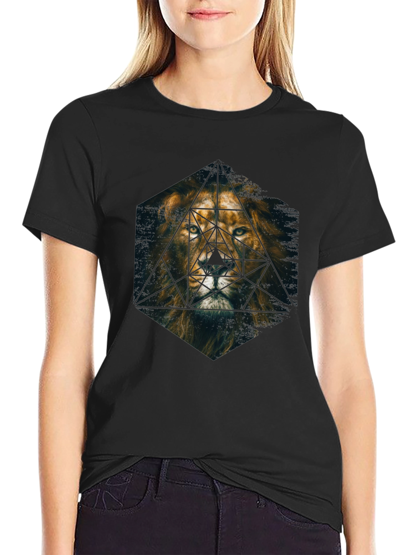 Black Geometric Lion Graphic Print Tee - Premium Men's T-Shirt view 2
