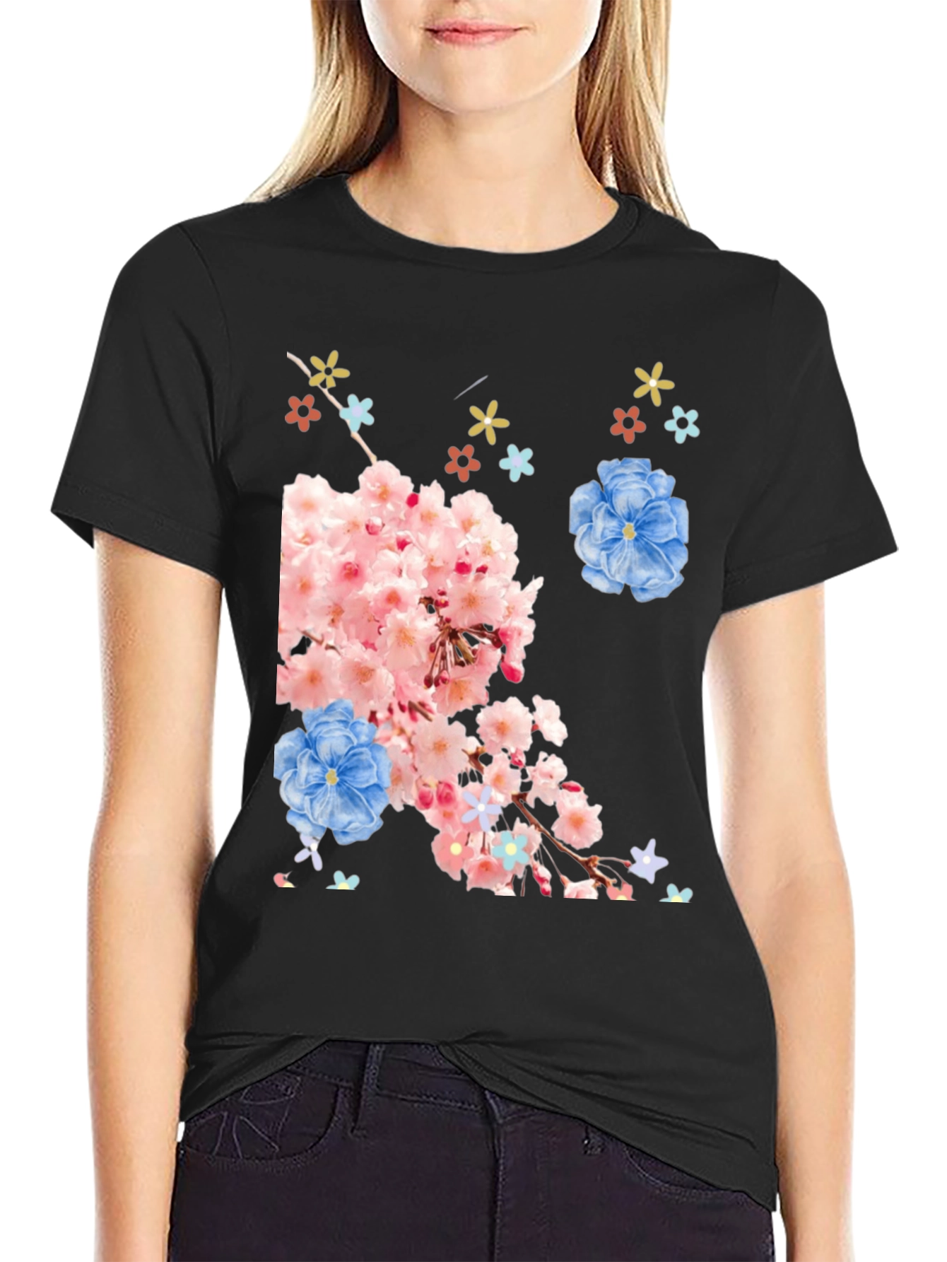 Black Floral Print Black T-Shirt view 2