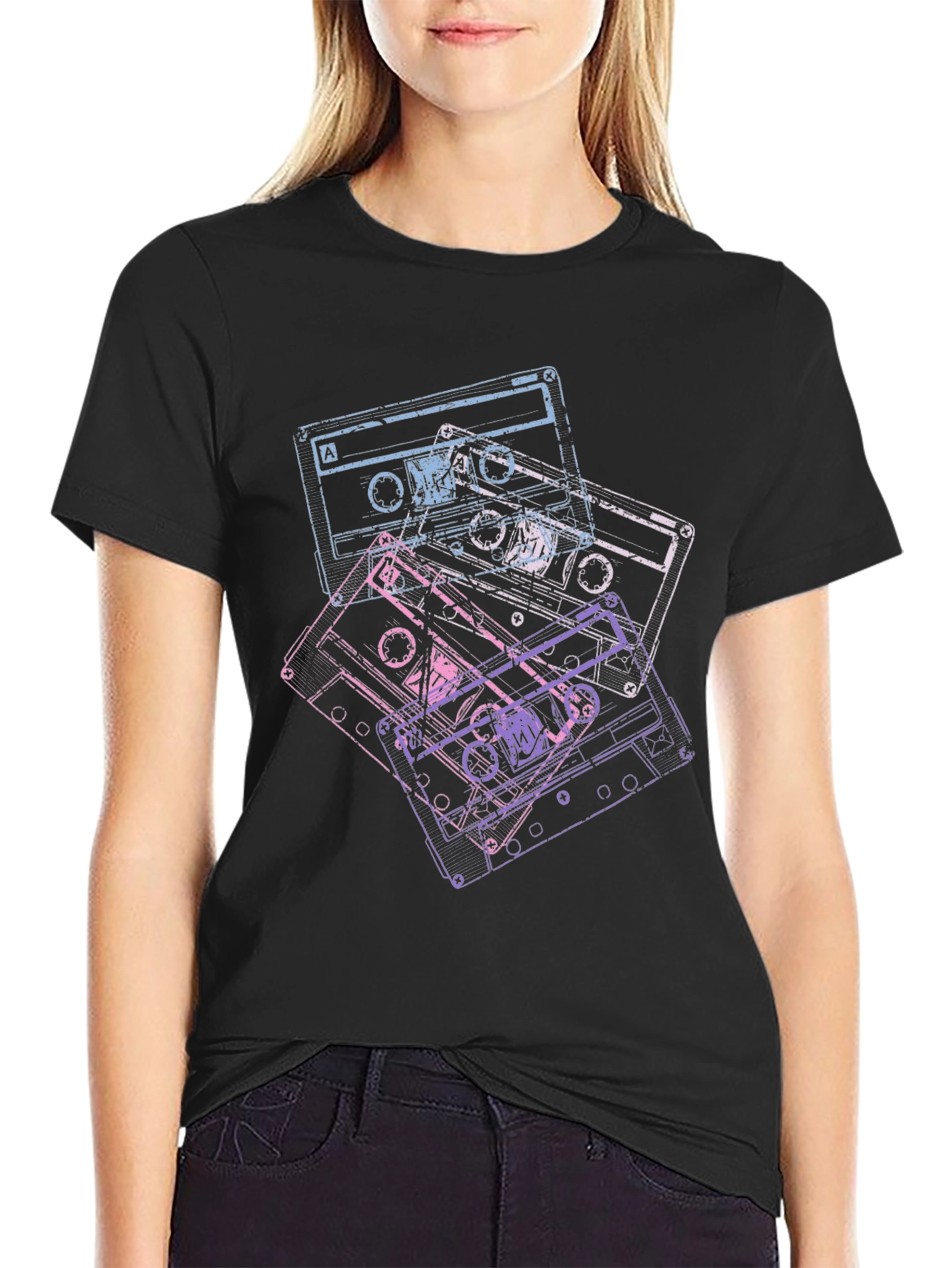 Black Retro Cassette Tape Graphic Tee - Vintage Music Lover Shirt view 2