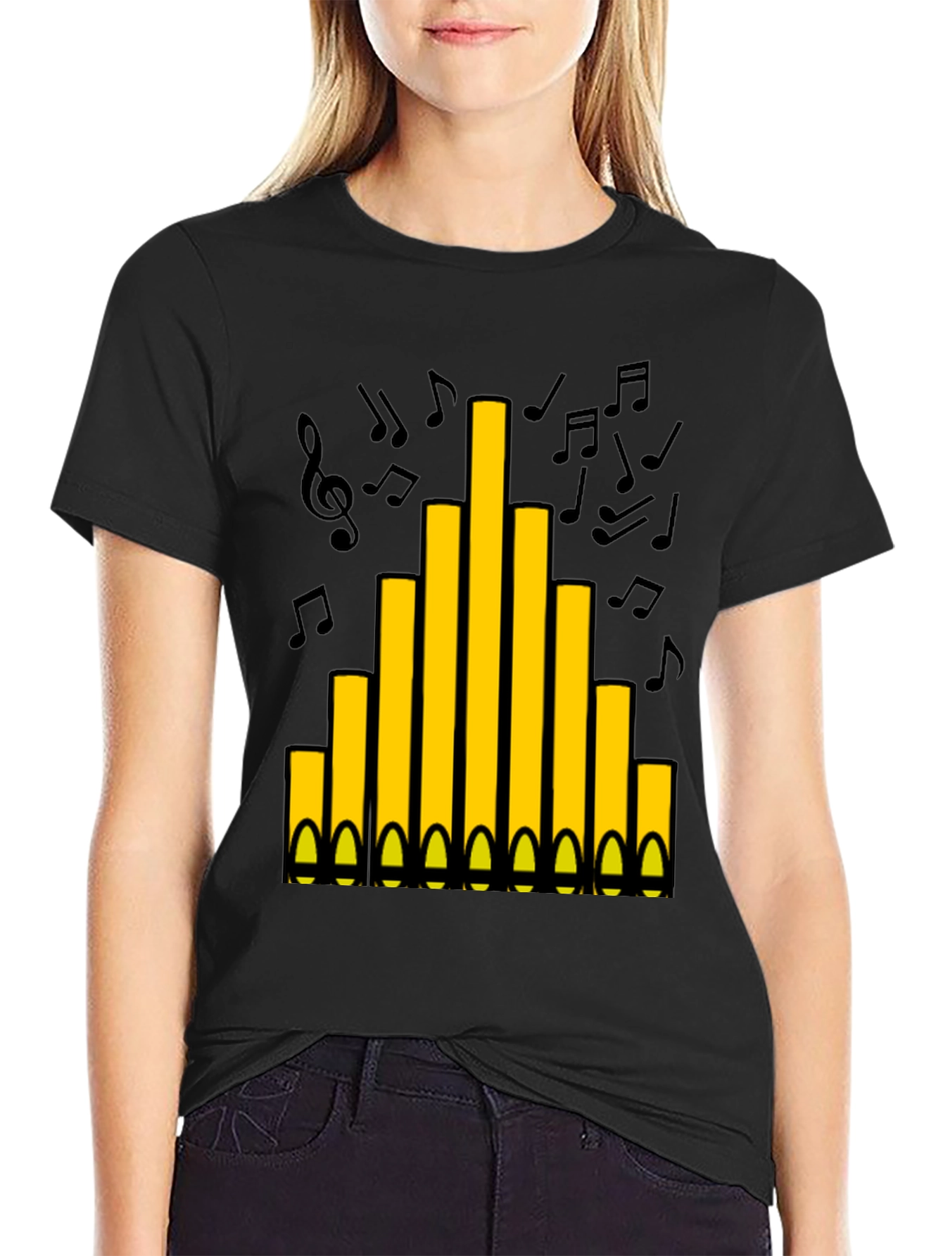 Black Organ Pipe Music Notes Graphic T-Shirt view 2