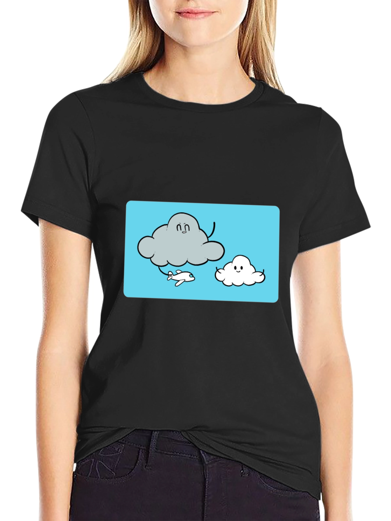 Black Cloud Cartoon Graphic Tee - Black Cotton T-Shirt view 2