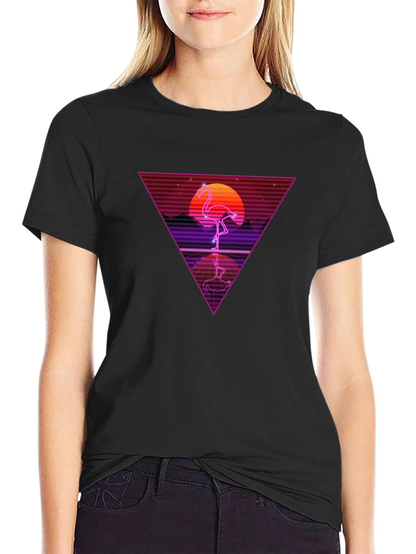 Black Retro Flamingo Triangle Graphic Tee view 2