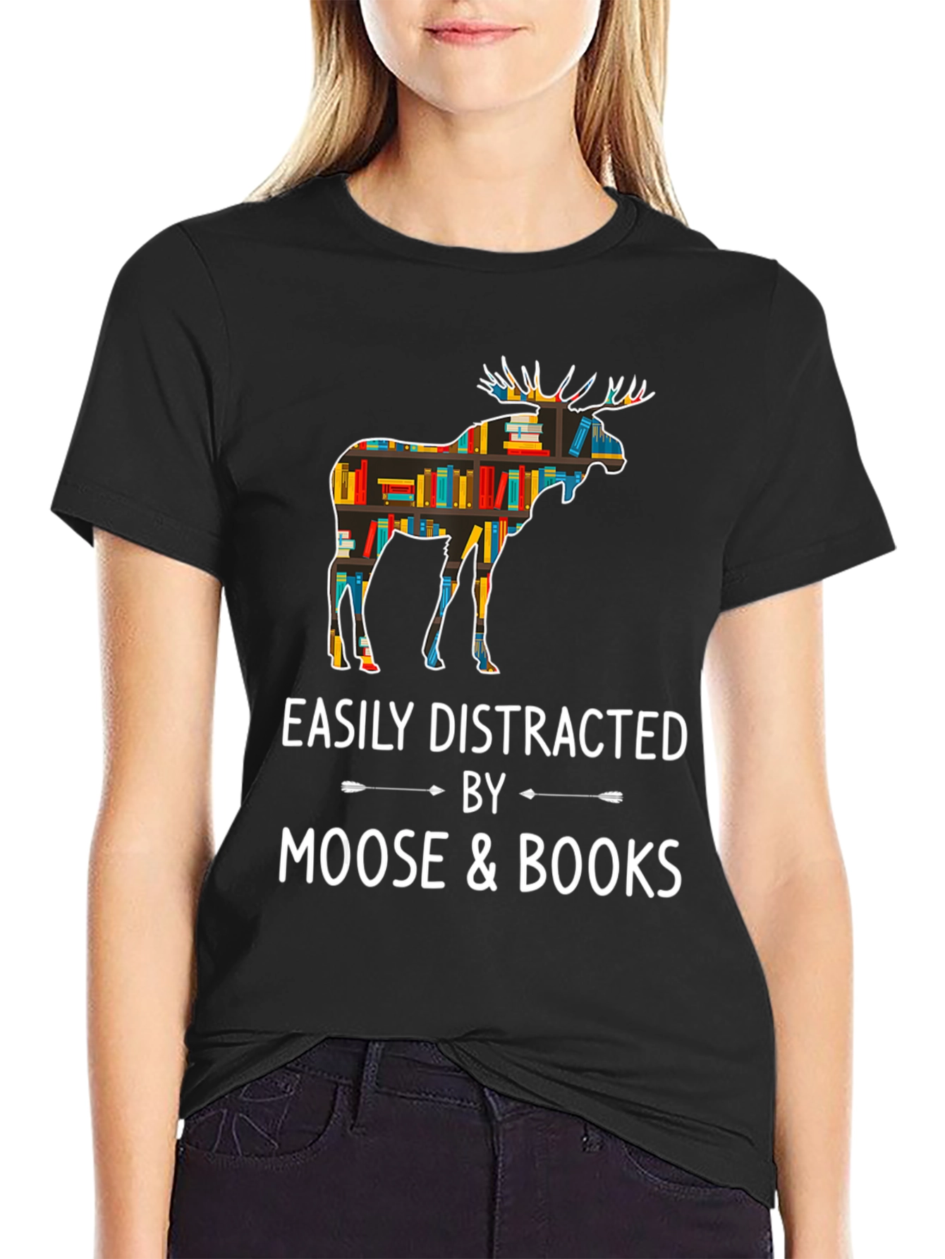 Black Easily Distracted by Moose and Books T-Shirt view 2