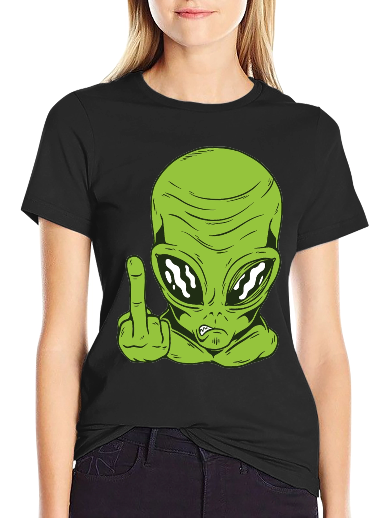 Black Alien Middle Finger Graphic T-Shirt - Black view 2
