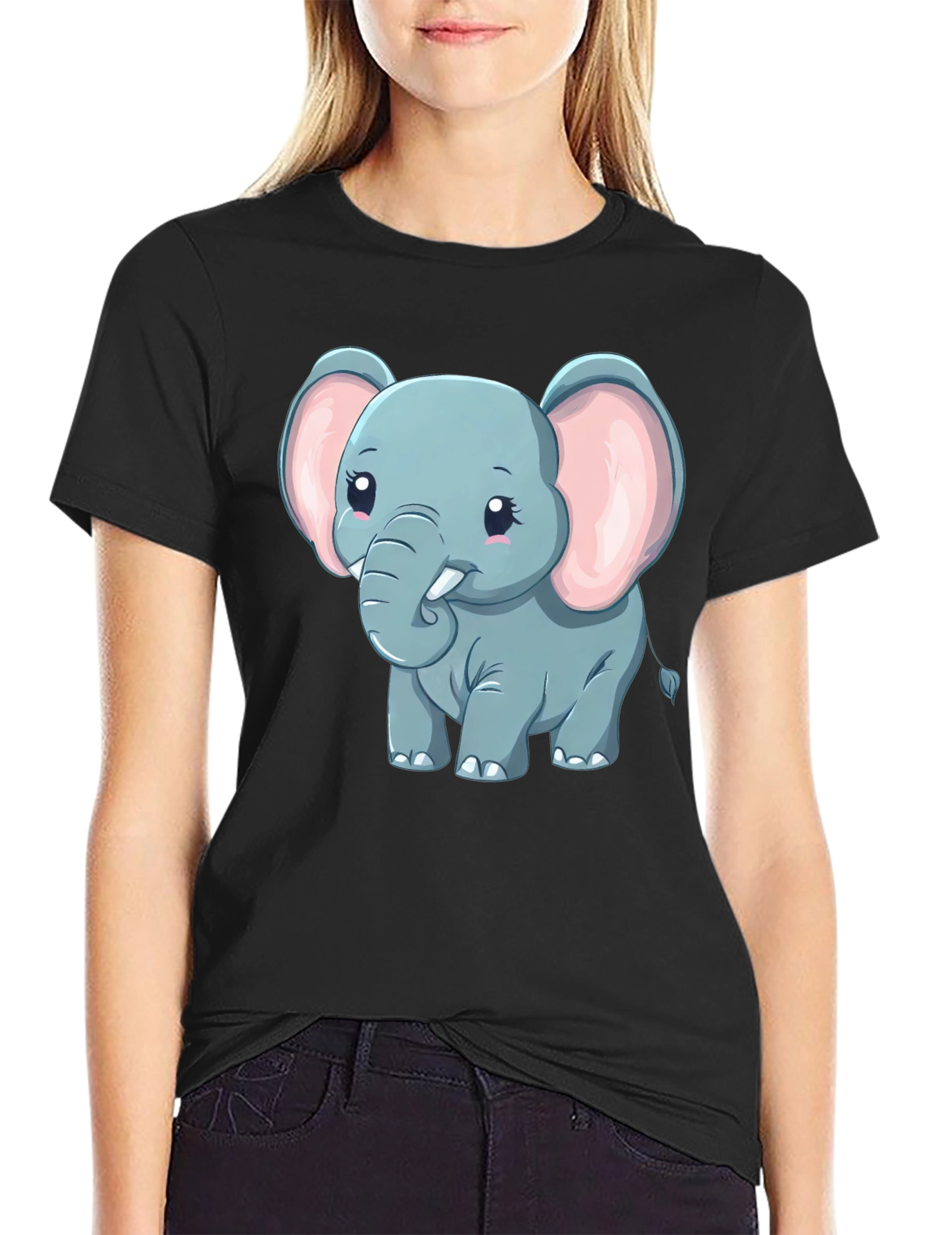 Black Cute Elephant Graphic Tee - Black Cotton Blend view 2