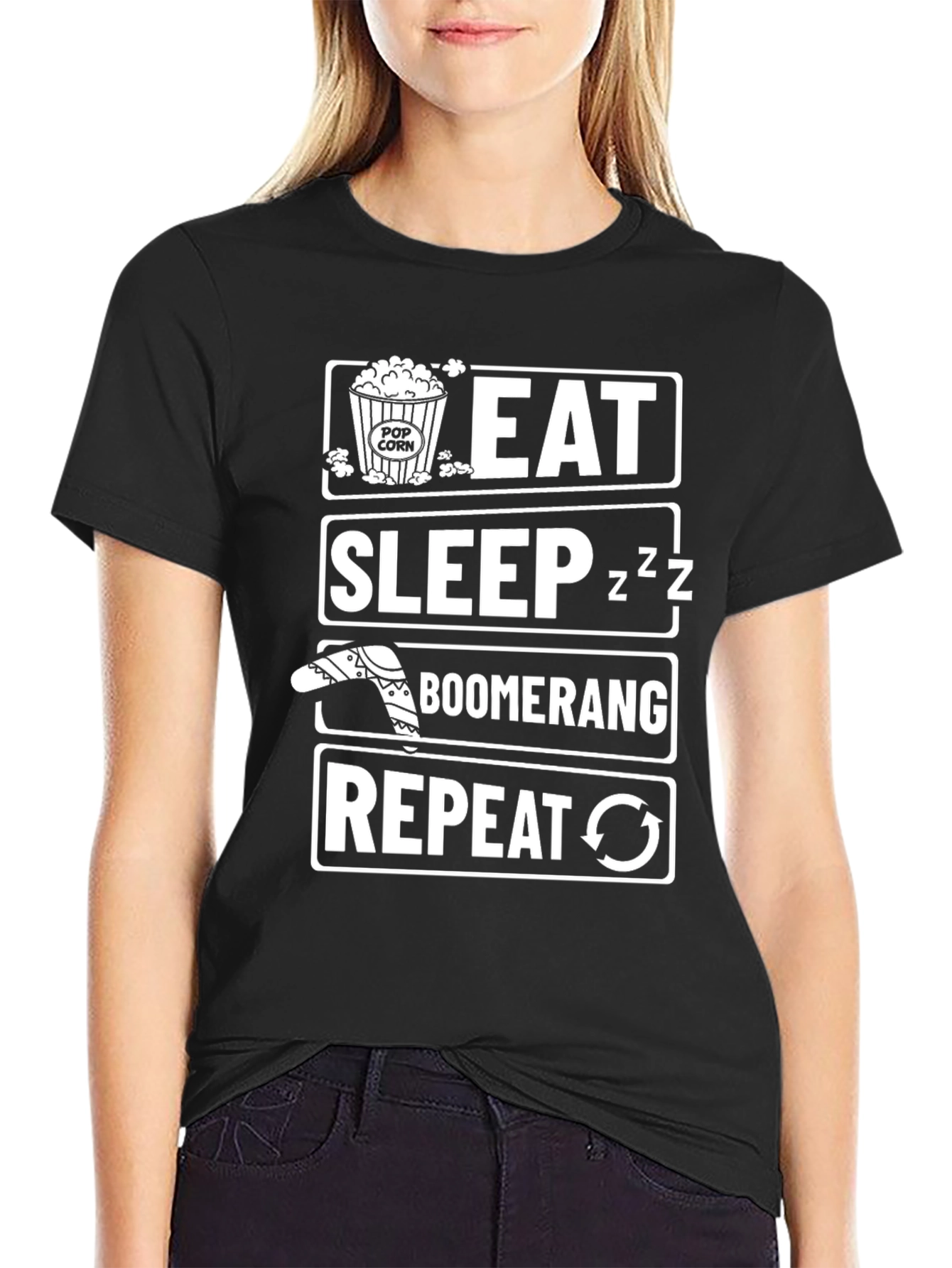 Black Eat Sleep Boomerang Repeat Graphic Tee view 2