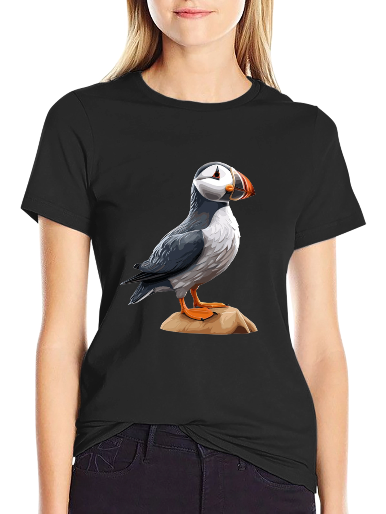 Black Puffin Bird Graphic T-Shirt - Black Casual Tee view 2