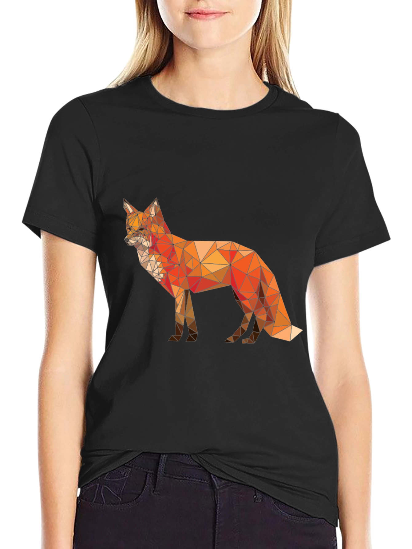 Black Geometric Fox Graphic T-Shirt - Modern Poly Art Tee view 2