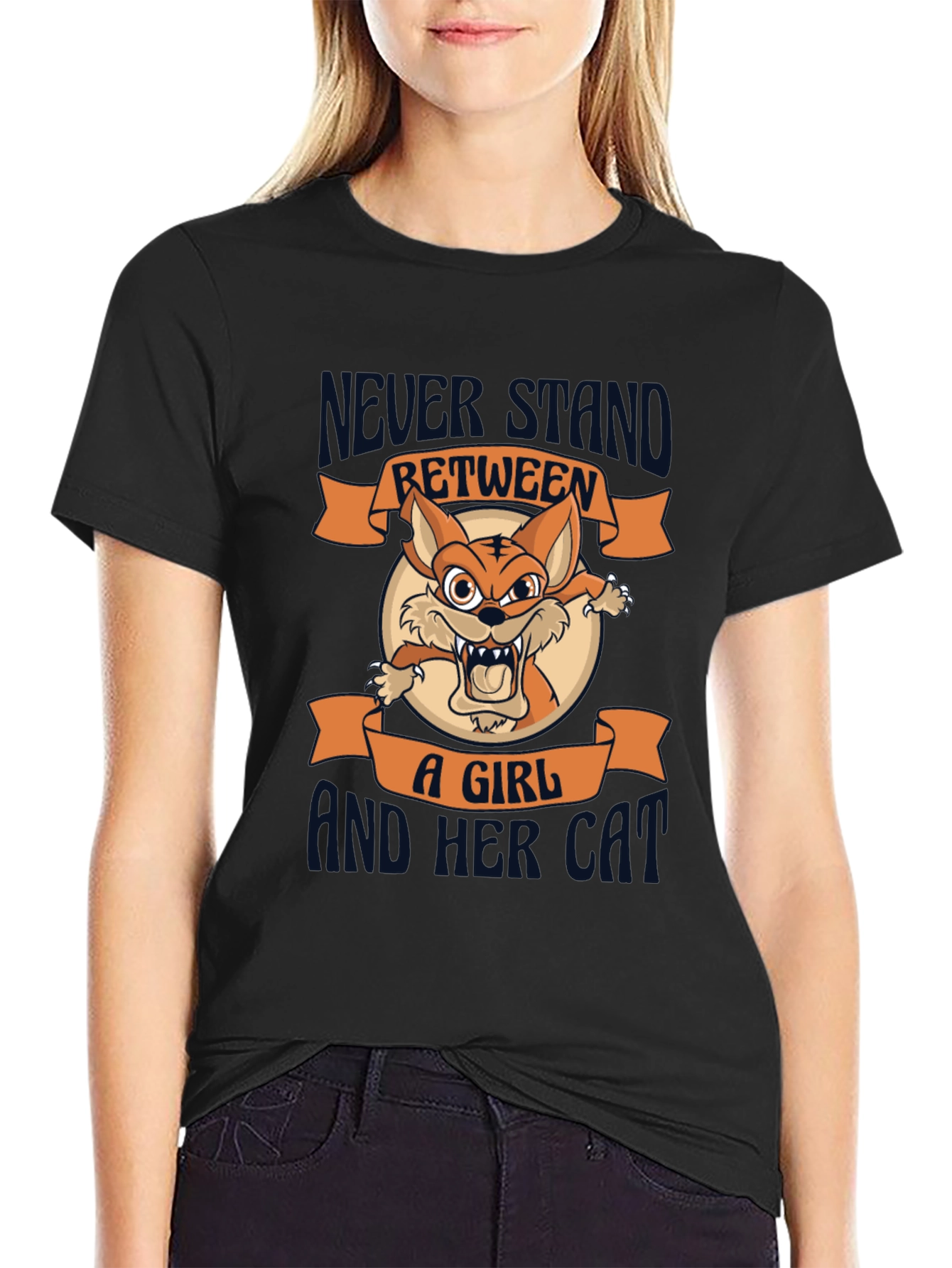 Black Never Stand Between a Girl and Her Cat T-Shirt view 2