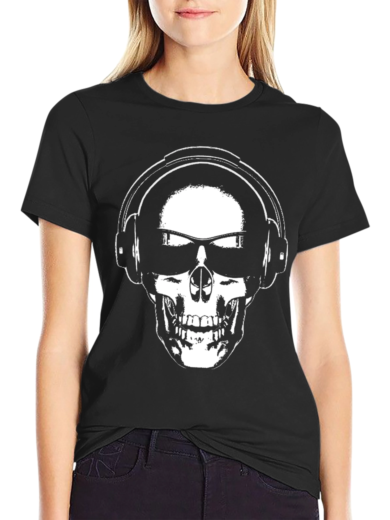 Black Skull Headphones Graphic Tee - Black Cotton Blend view 2