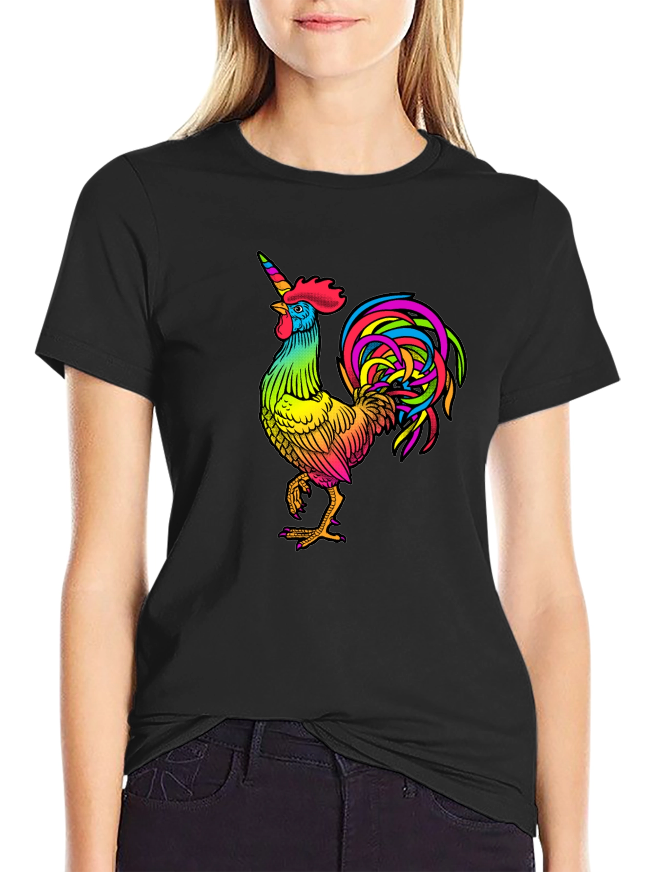 Black Rainbow Unicorn Rooster Graphic Tee view 2