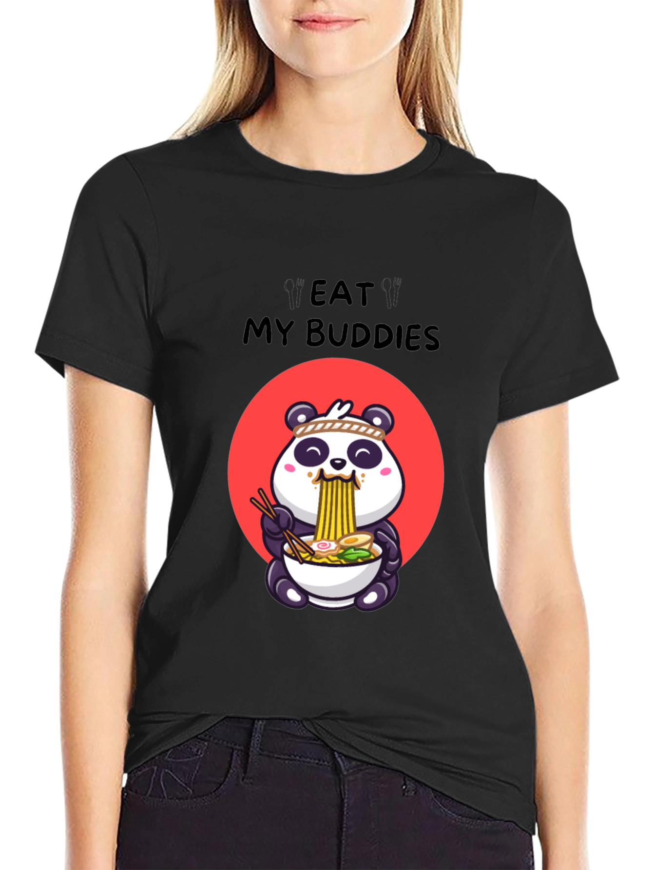 Black Eat My Buddies Panda Ramen T-Shirt view 2