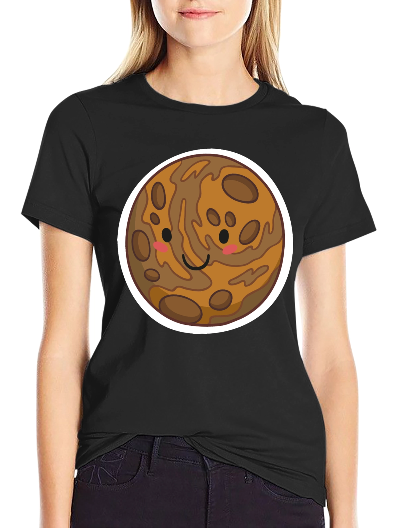 Black Cute Planet Cartoon Graphic Tee - Black view 2