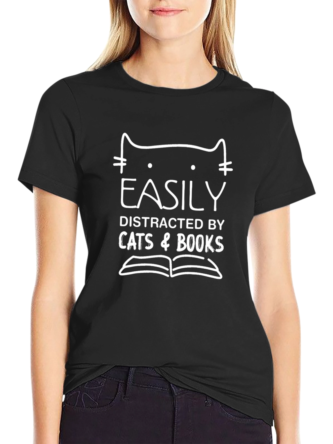 Black Easily Distracted by Cats & Books Graphic Tee view 2