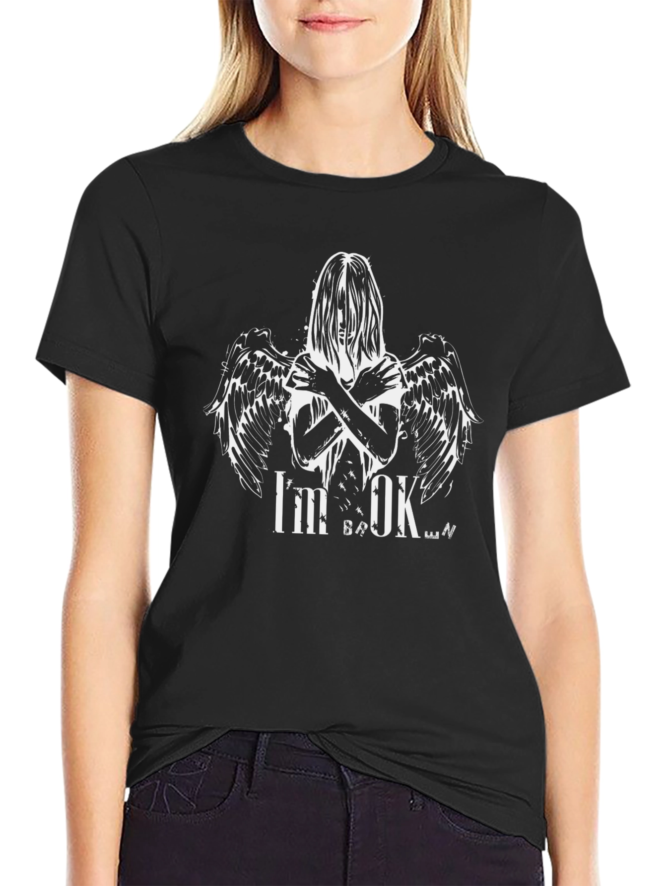 Black I'm OK Broken Angel Wings Graphic Black T-Shirt view 2
