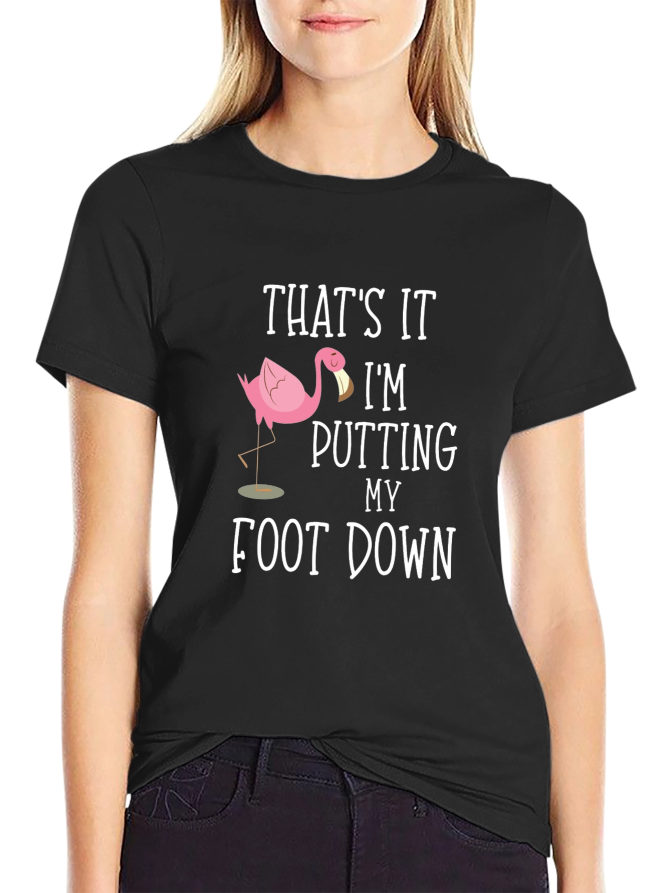 Black Funny Flamingo T-Shirt - Putting My Foot Down Tee view 2