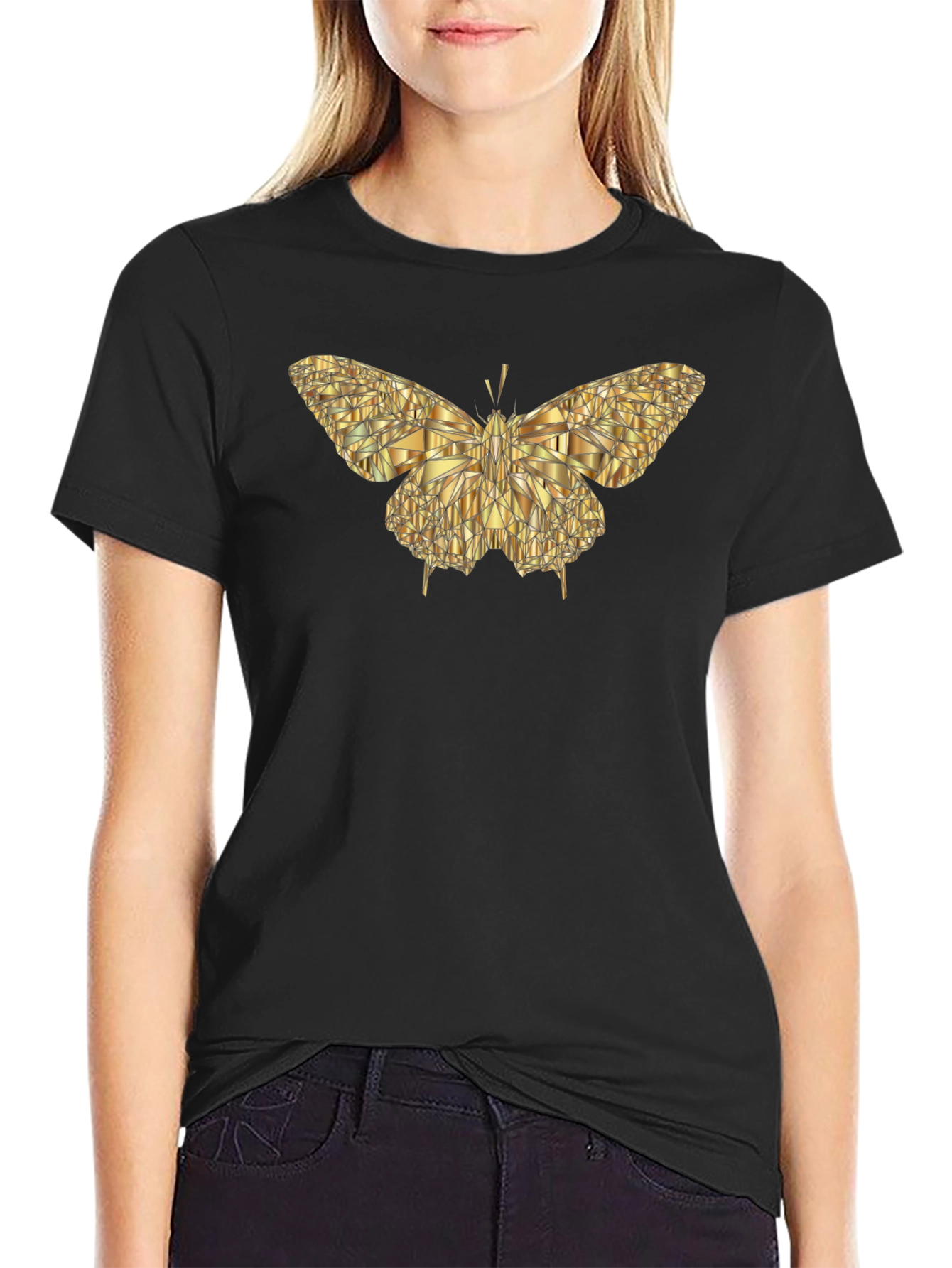Black Geometric Gold Butterfly Graphic Tee - Modern Style view 2