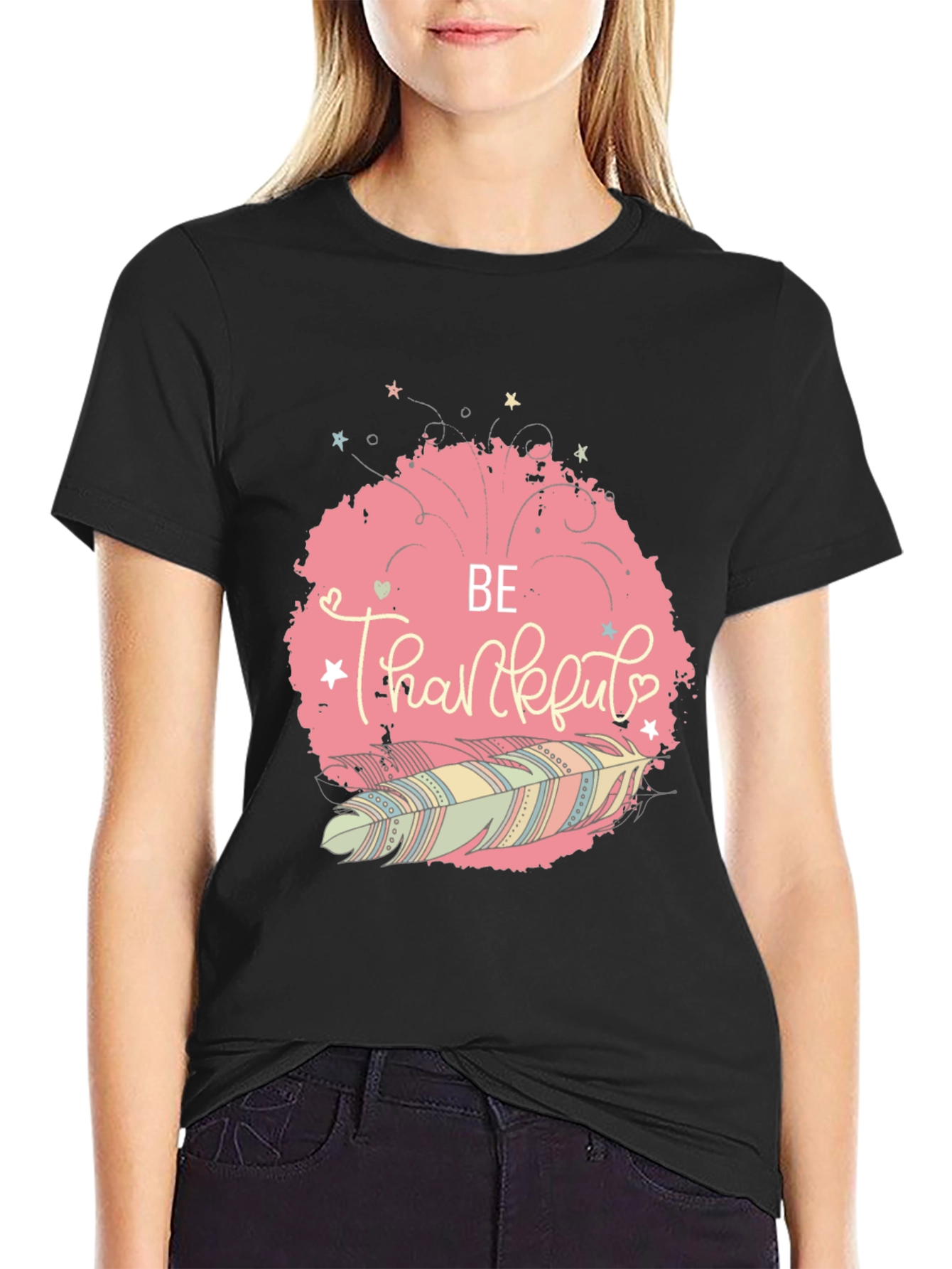 Black Be Thankful Feather Graphic Tee - Stylish Comfort view 2