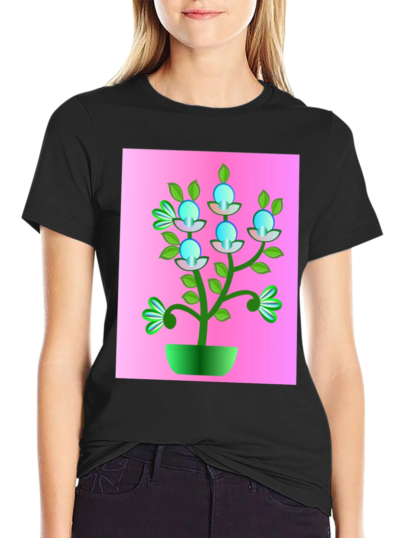 Black Abstract Plant Graphic Tee - Trendy Black T-Shirt view 2