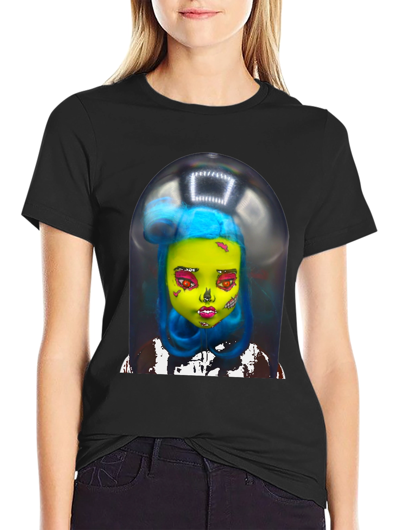 Black Surreal Doll Graphic Tee - Unique Art Shirt view 2
