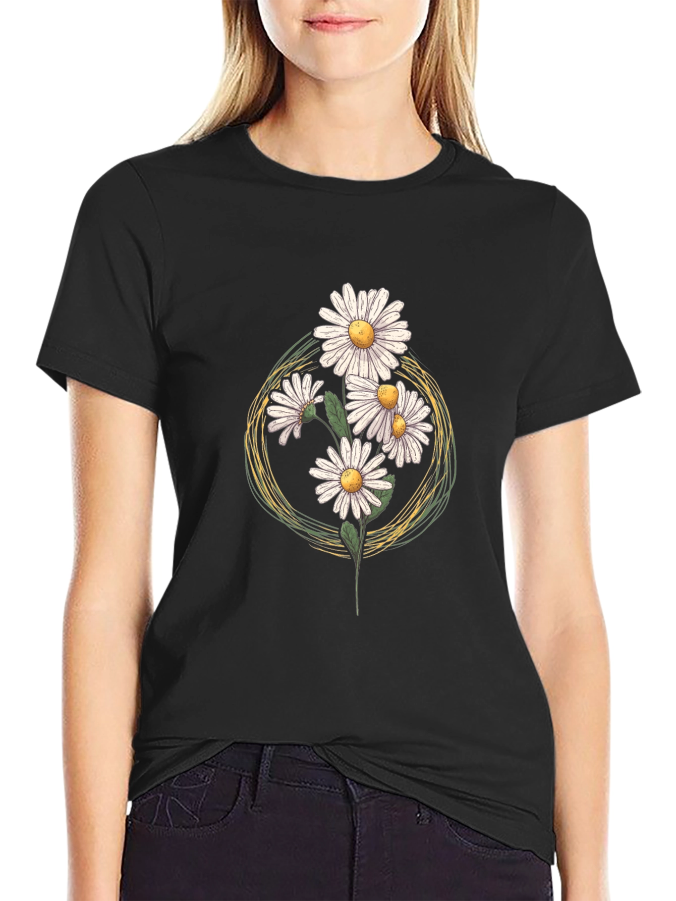 Black Daisy Graphic Print T-Shirt - Black Cotton Tee view 2
