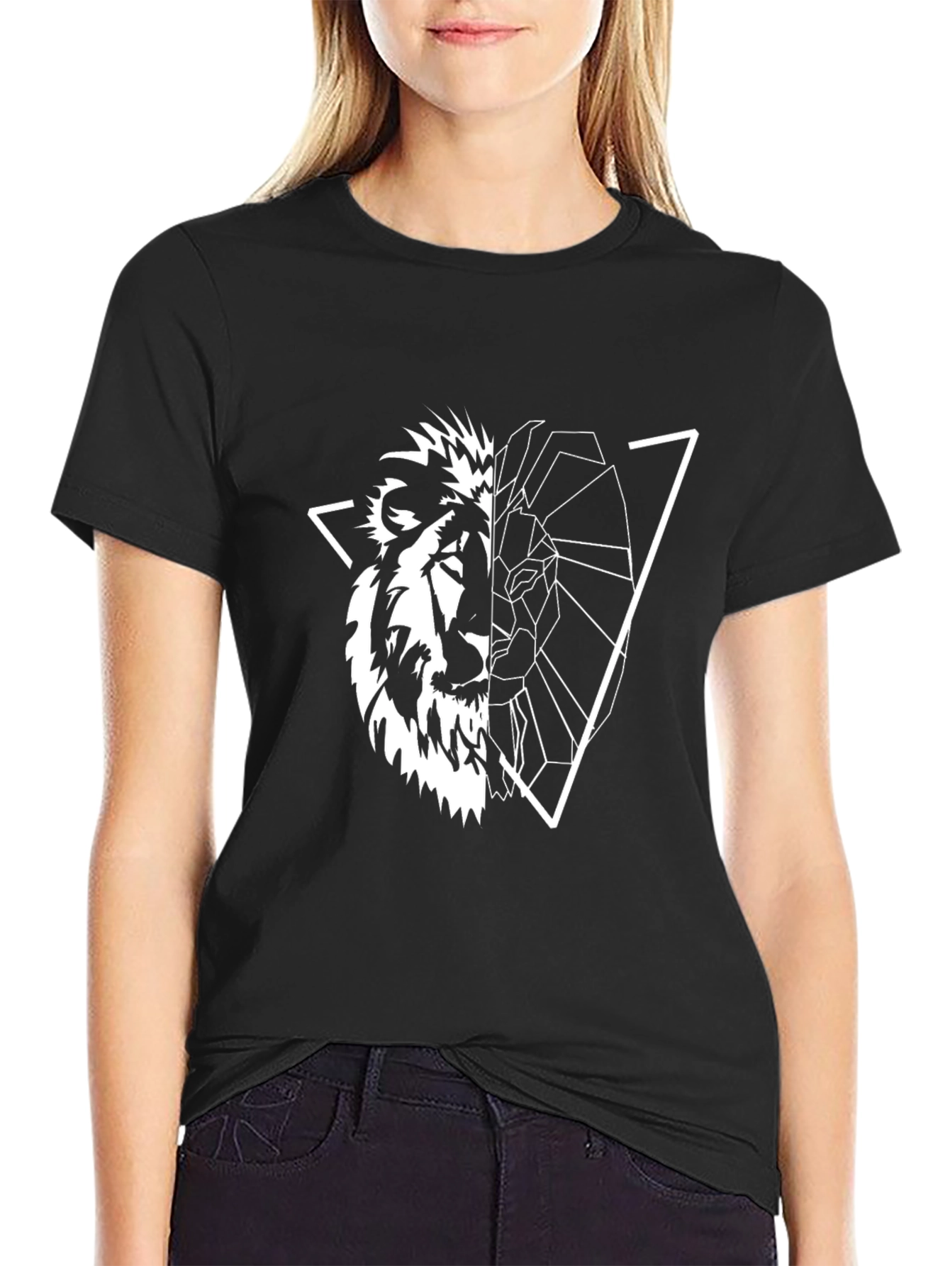 Black Geometric Lion Graphic Tee - Black view 2