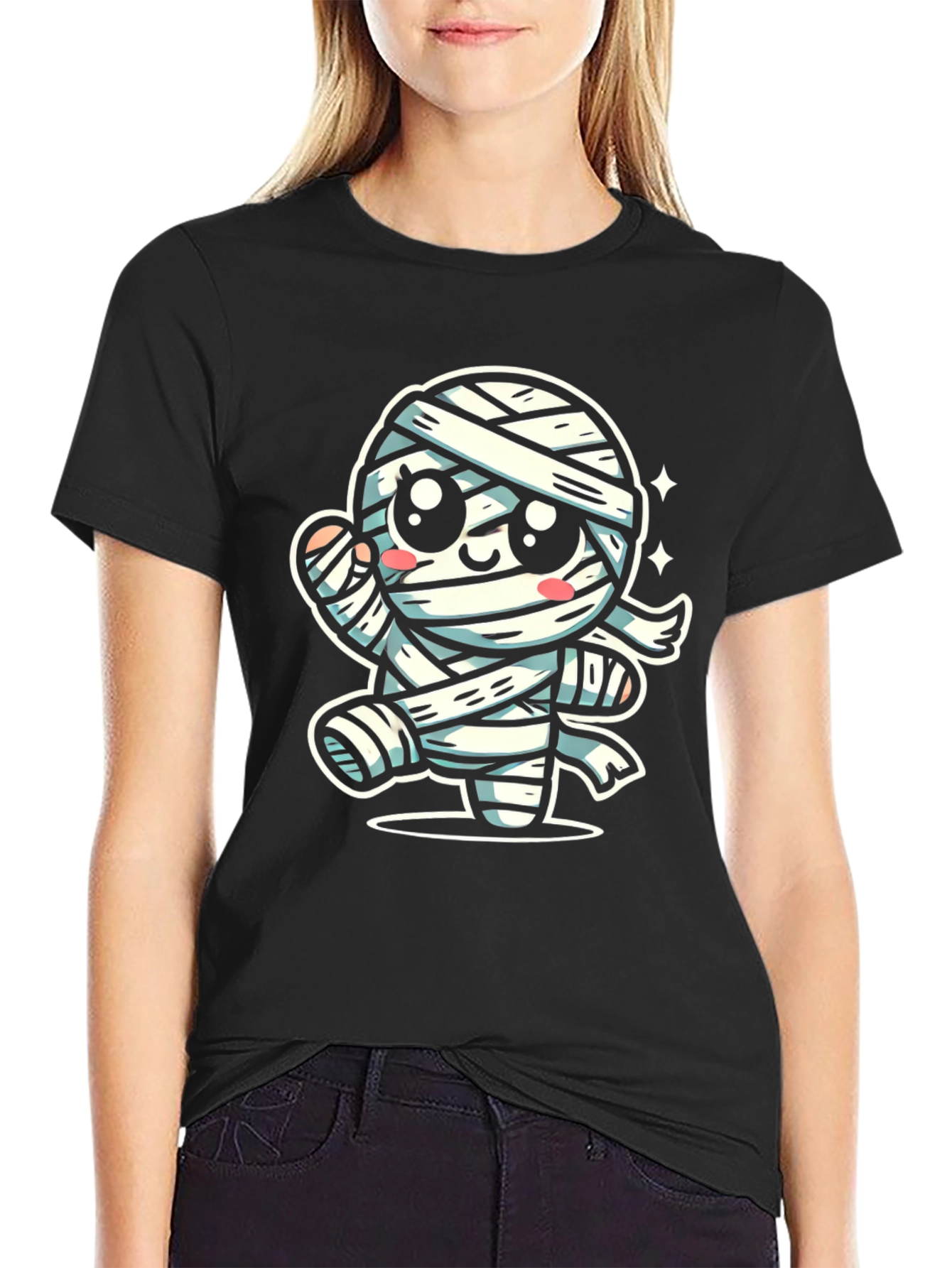 Black Cute Cartoon Mummy Graphic T-Shirt - Halloween Ready view 2