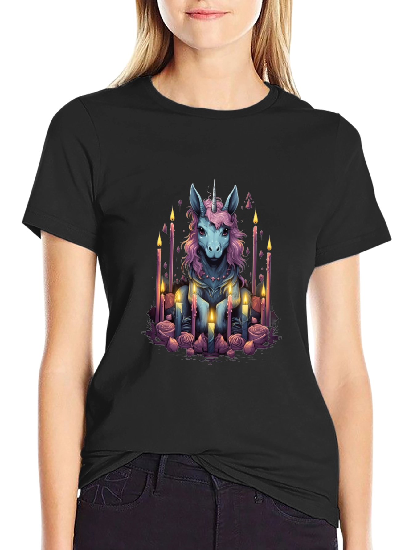 Black Unicorn Candle Graphic T-Shirt - Men's Black Tee view 2