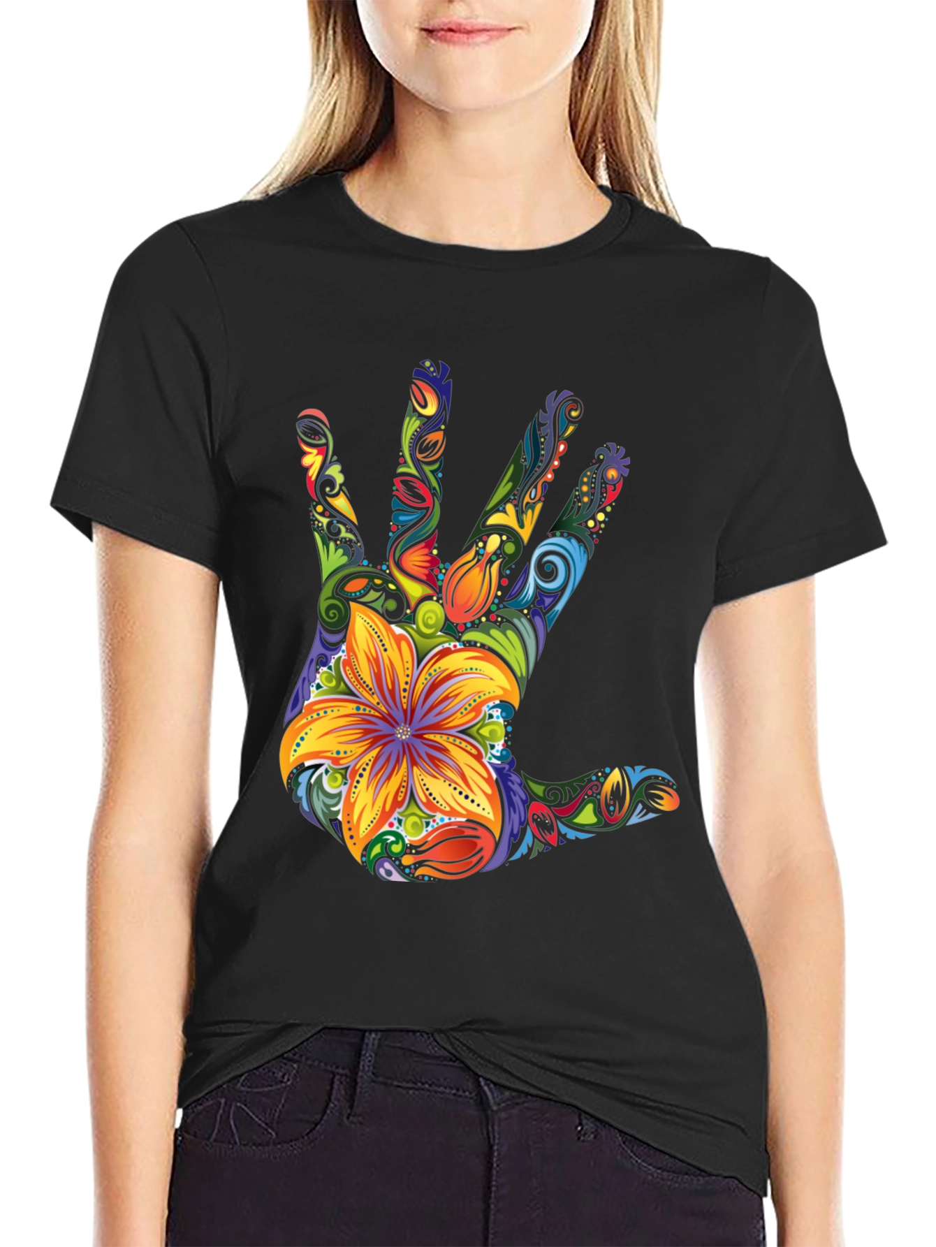 Black Floral Hand Print Black T-Shirt view 2