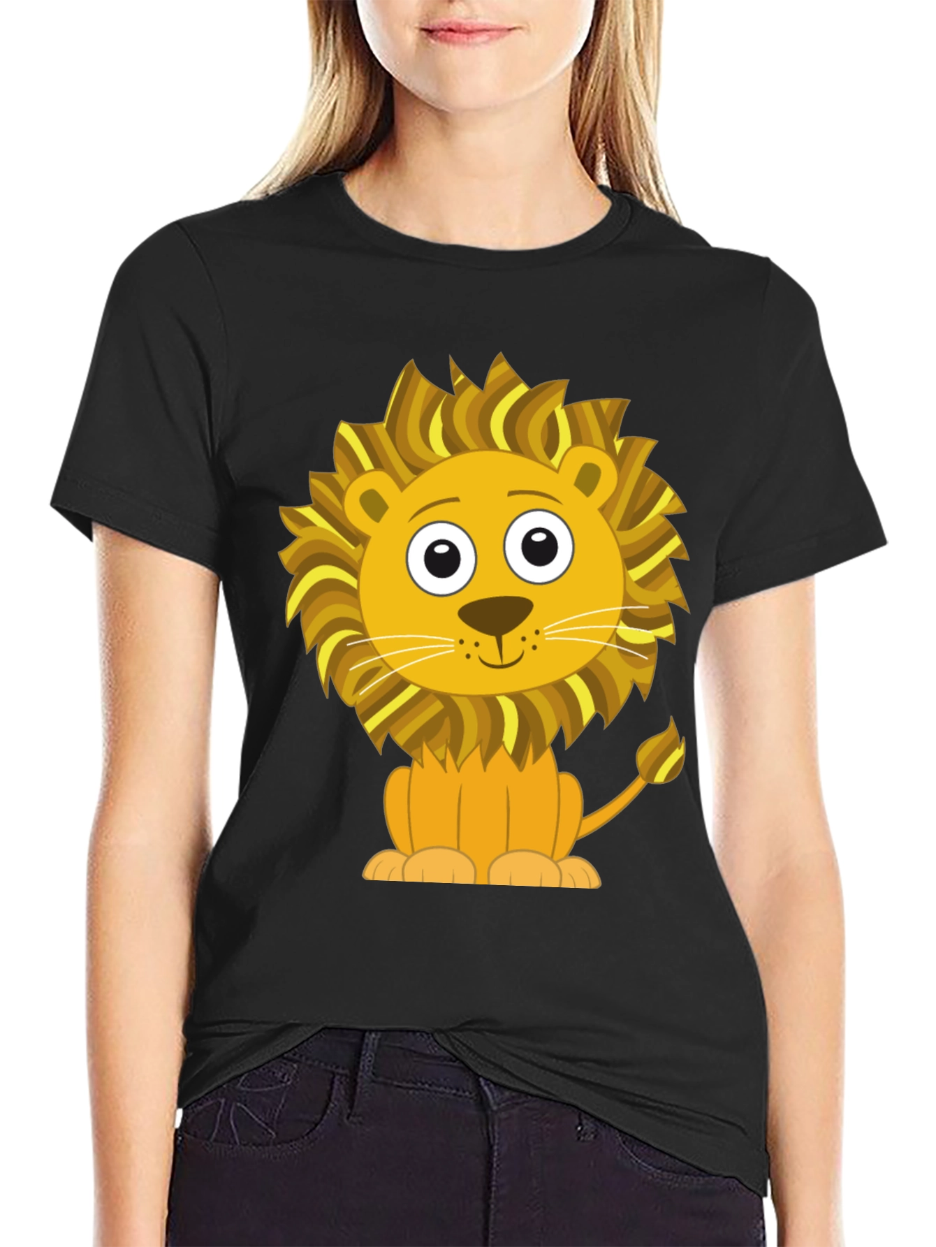 Black Cute Cartoon Lion Graphic T-Shirt - Black Cotton Tee view 2