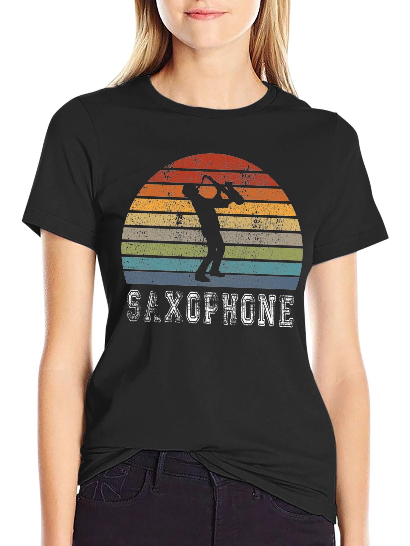 Black Retro Saxophone Player T-Shirt - Vintage Sunset Design view 2