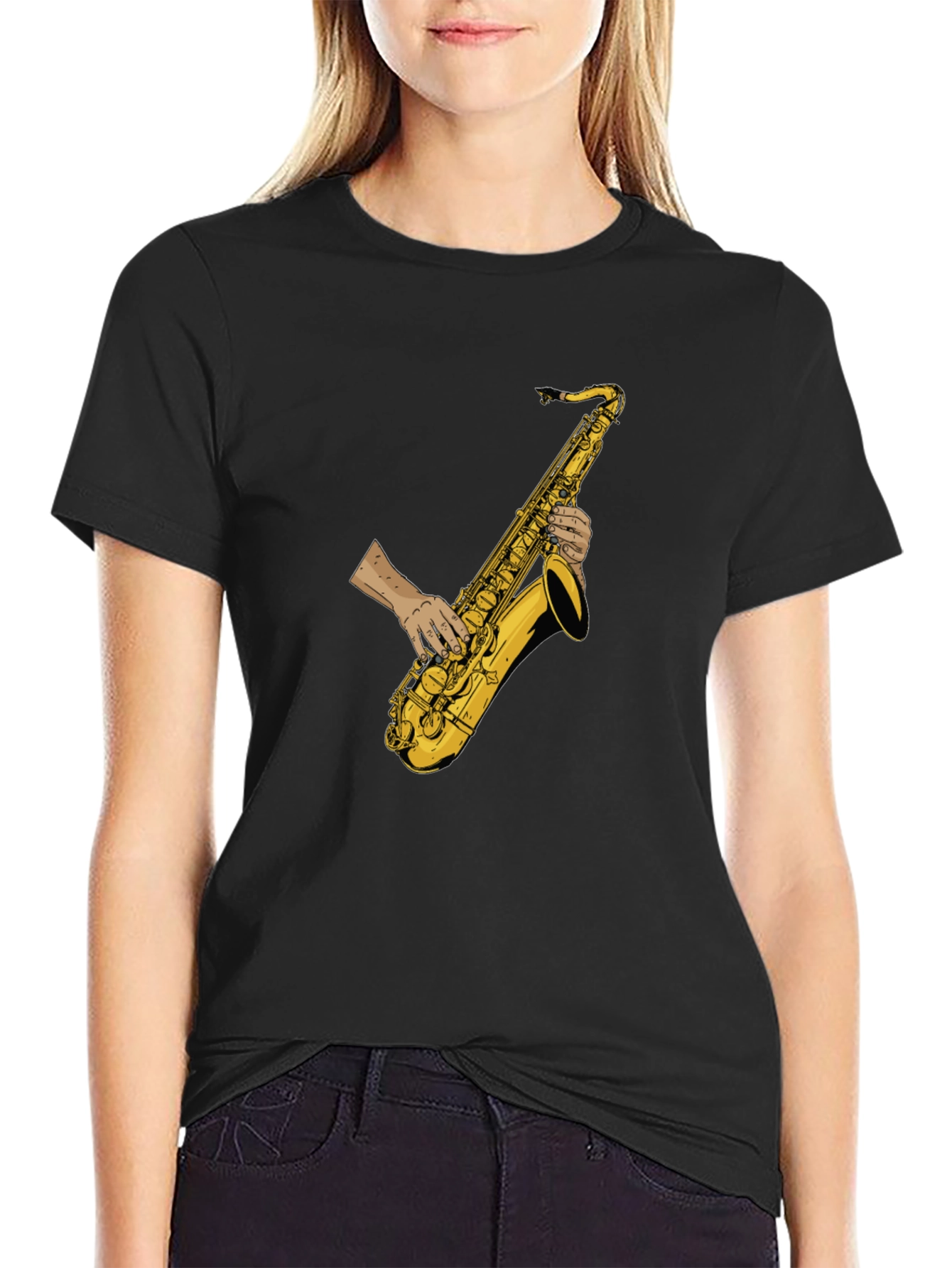 Black Saxophone Player Graphic Tee - Black Cotton T-Shirt view 2