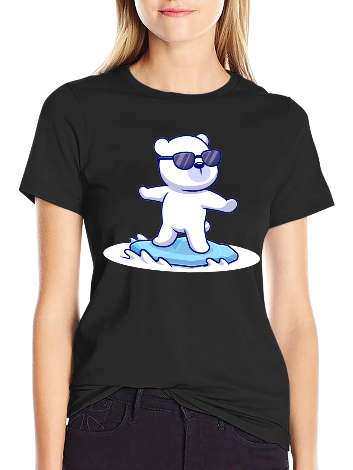 Black Cool Polar Bear Graphic Tee - Black Cotton T-Shirt view 2