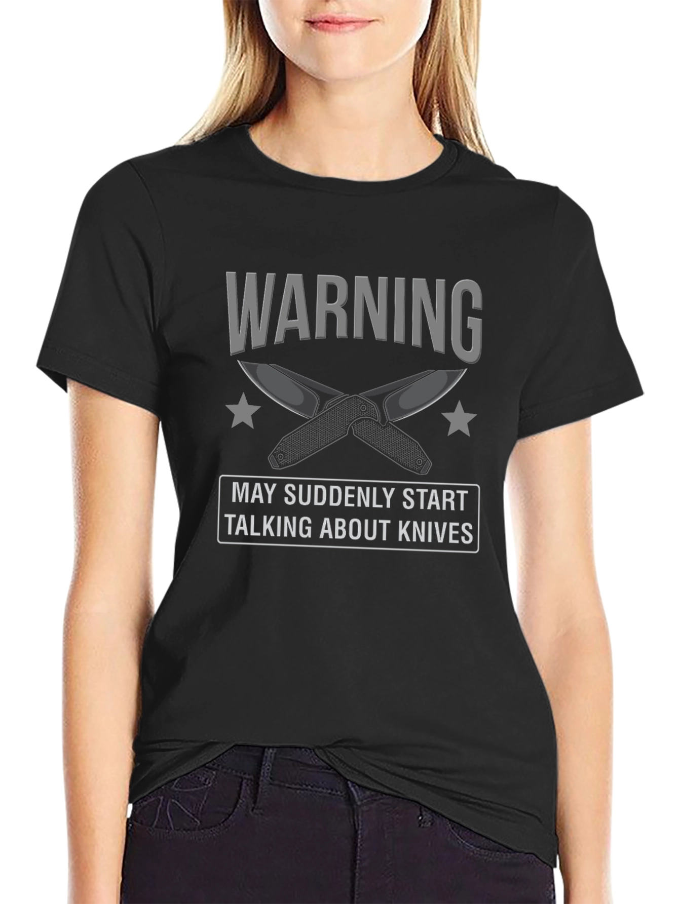 Black Warning: May Suddenly Start Talking About Knives Graphic Tee view 2