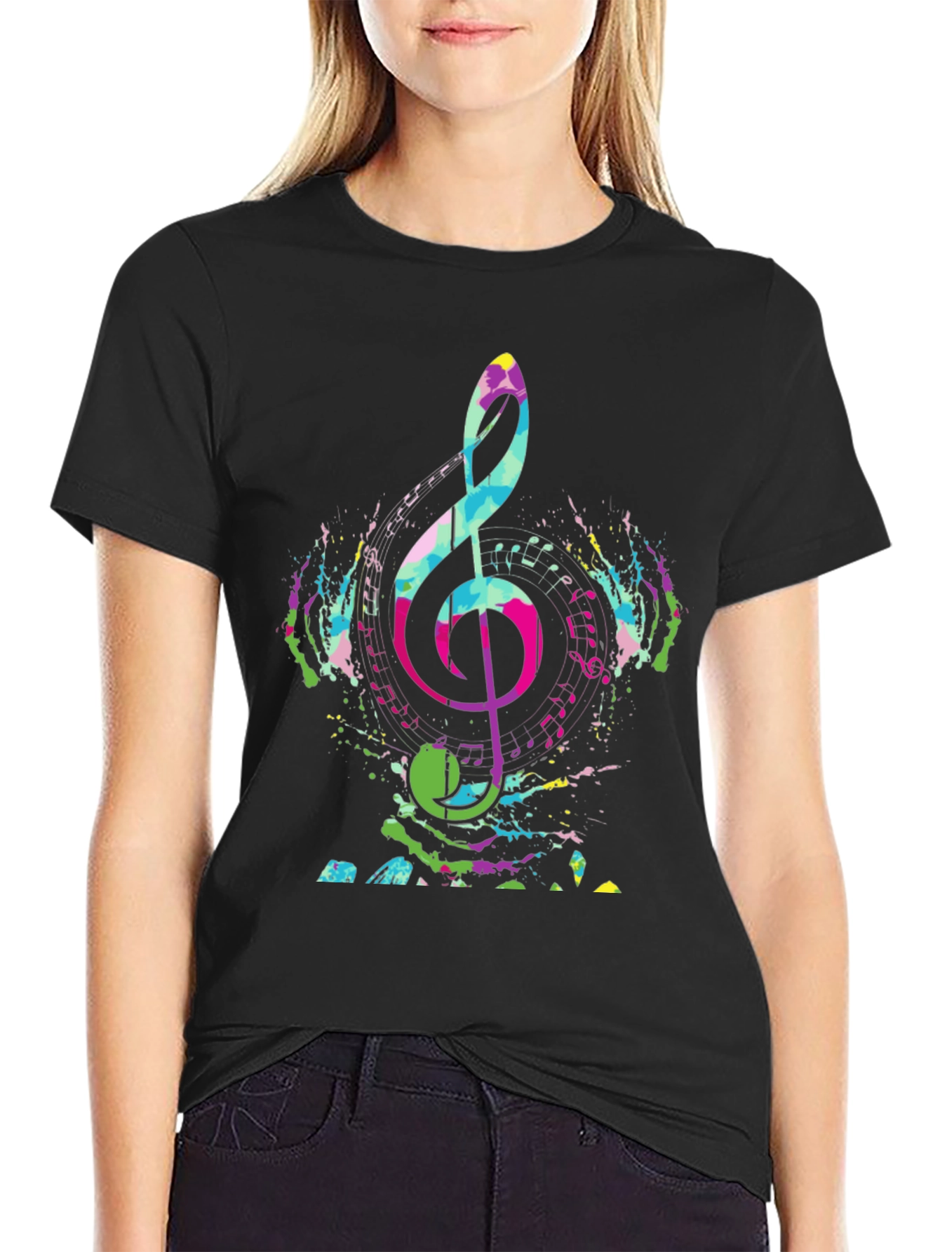 Black Colorful Music Note Graphic Tee - Black view 2