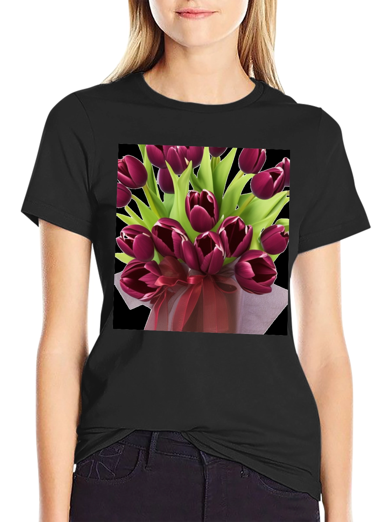 Black Tulip Bouquet Graphic Tee - Elegant Floral Design view 2