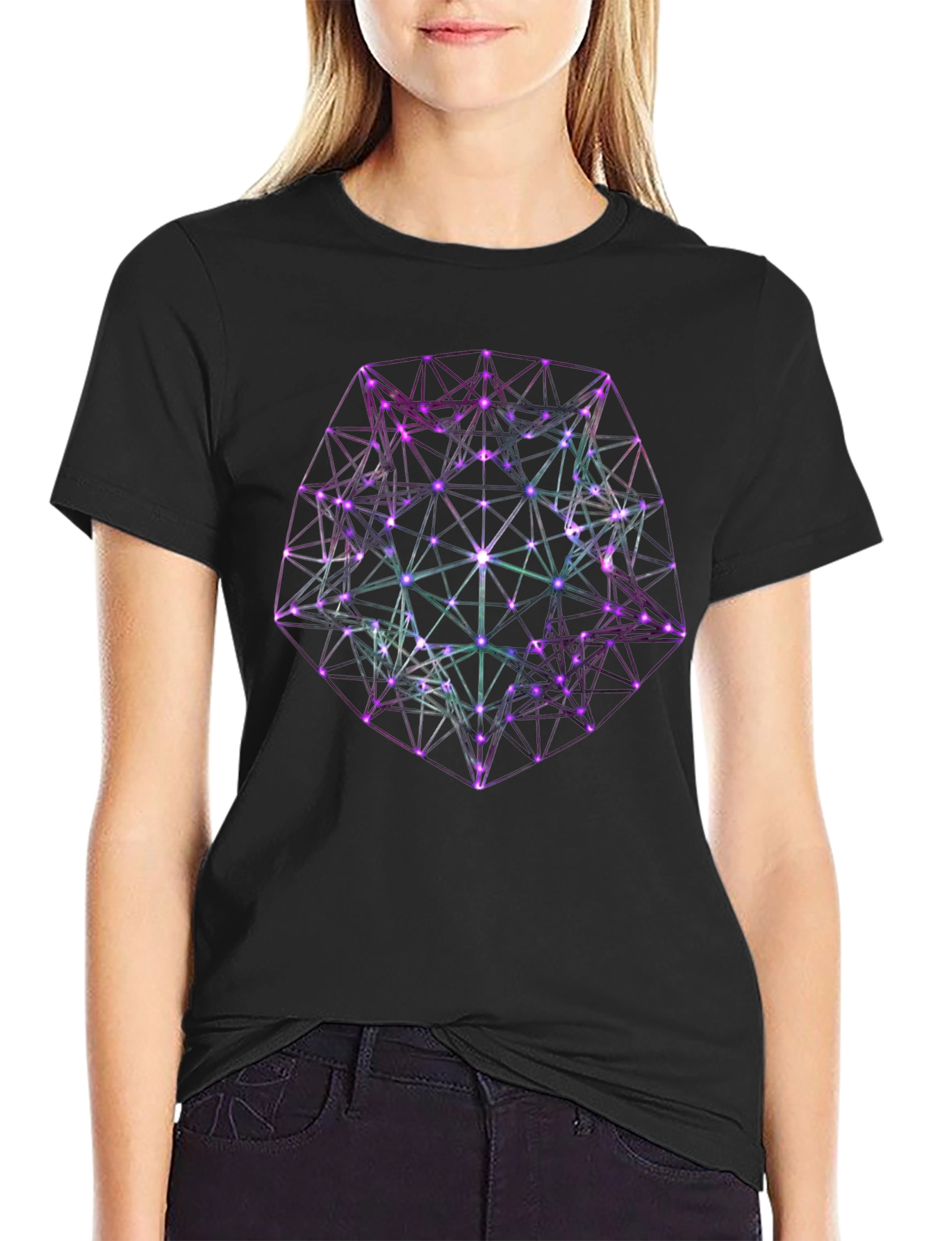 Black Geometric Neon Graphic Black T-Shirt view 2