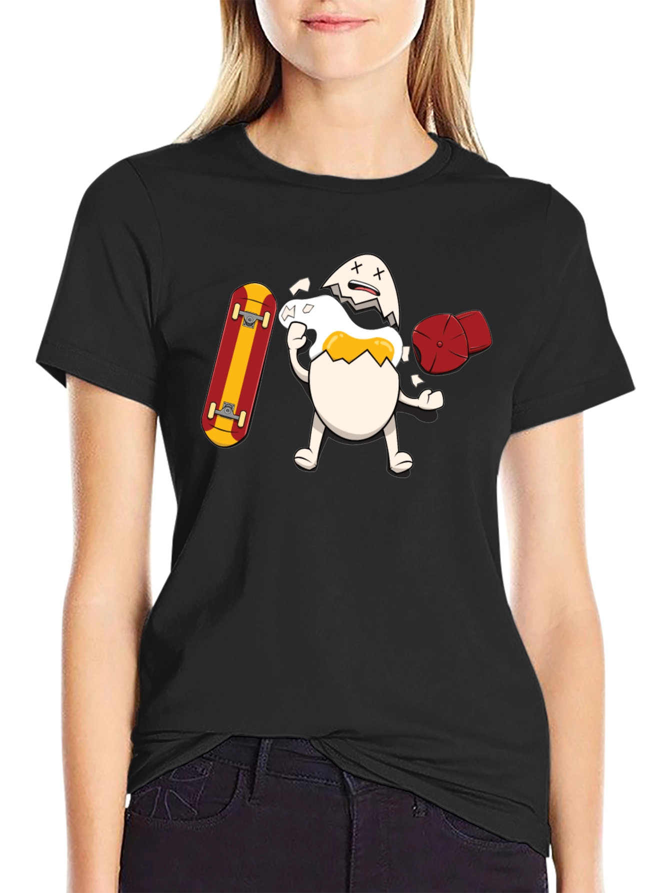 Black Egg-cellent Skater Tee: Broken Egg with Skateboard view 2
