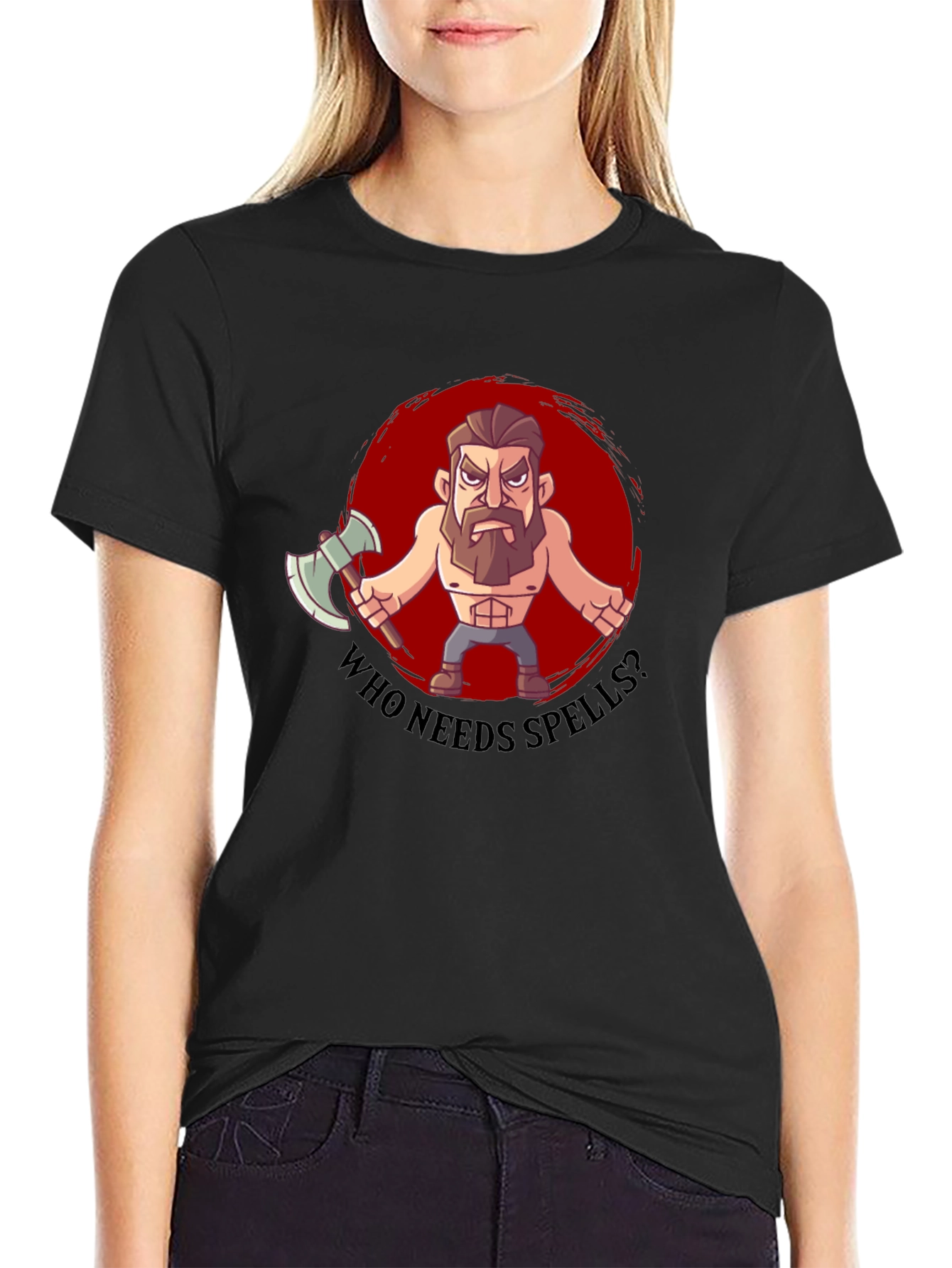 Black Barbarian Cartoon T-Shirt - Who Needs Spells? view 2